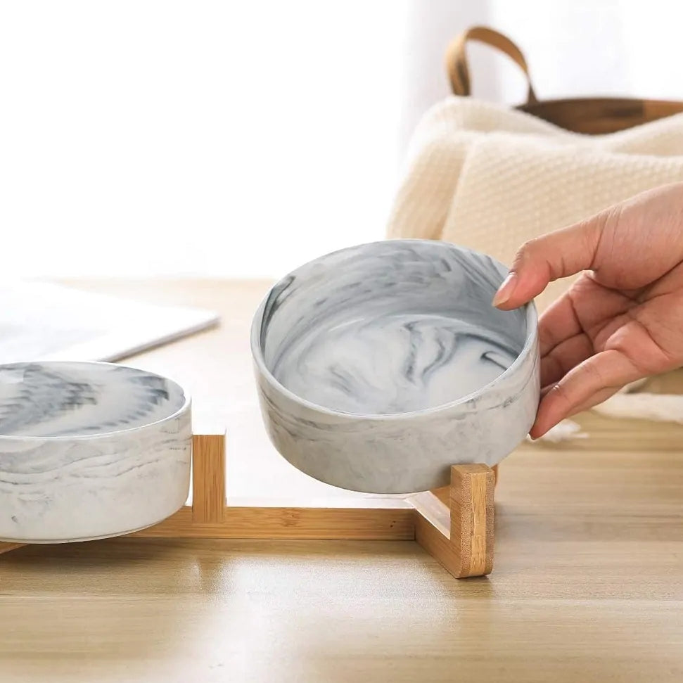 SET OF TWO BOWLS FOR DOG CAT CERAMIC ON STAND MARBLE 2x400ml Brand NUXIE