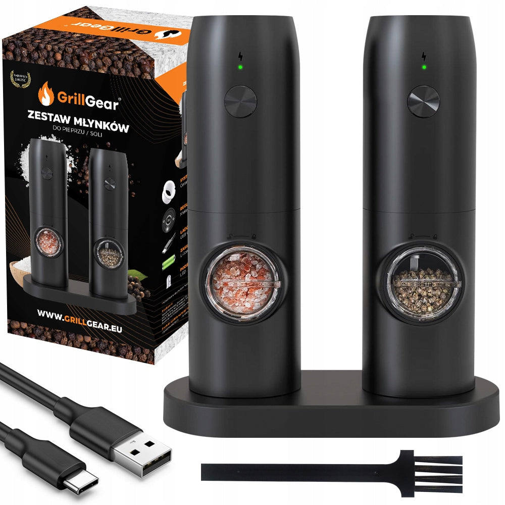 SET OF TWO PEPPER AND SALT GRINDERS WITH CHARGING STAND