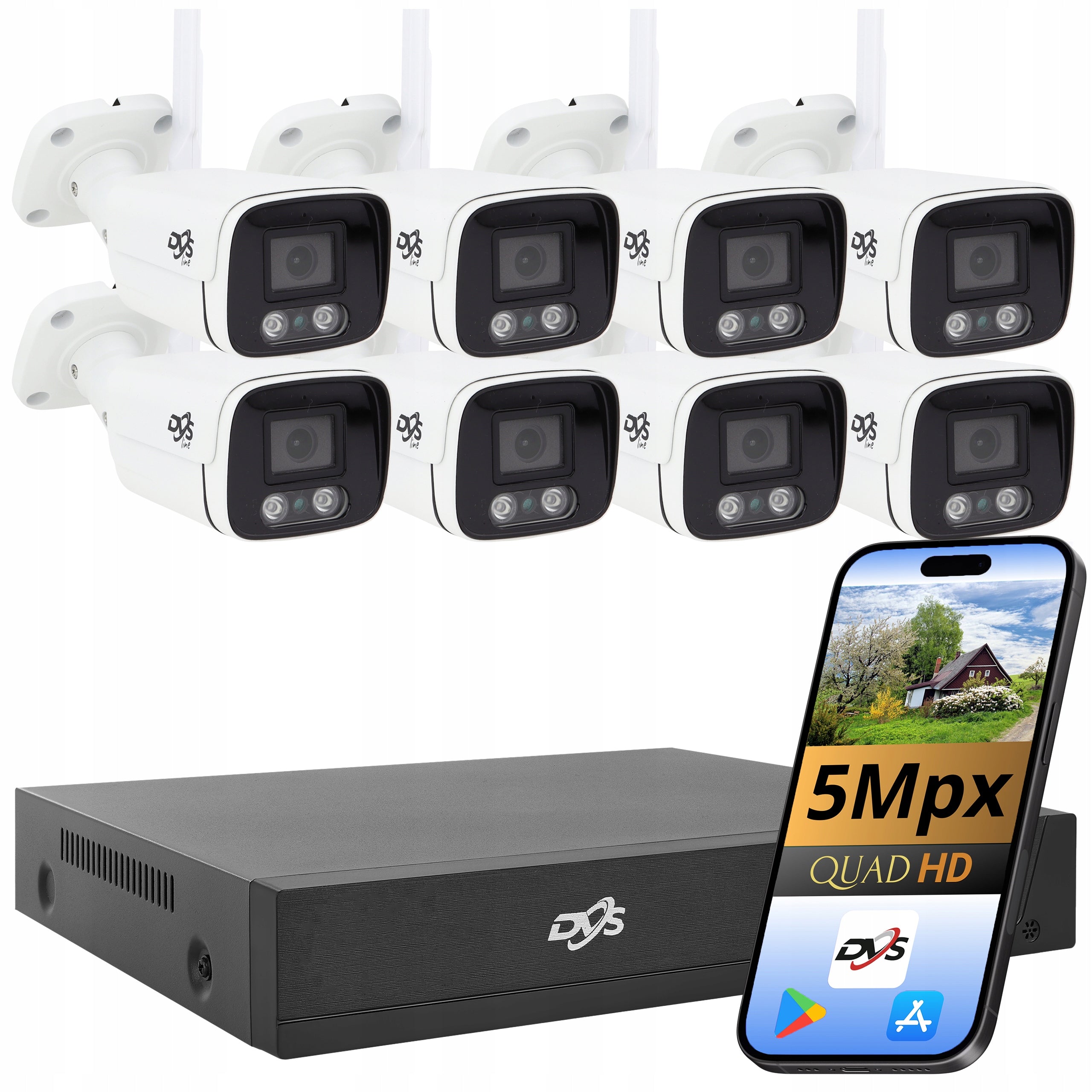 SET OF WIFI CAMERAS WHITE TUBE 5Mpx FOR MONITORING 8 WIRELESS CAMERAS DVS