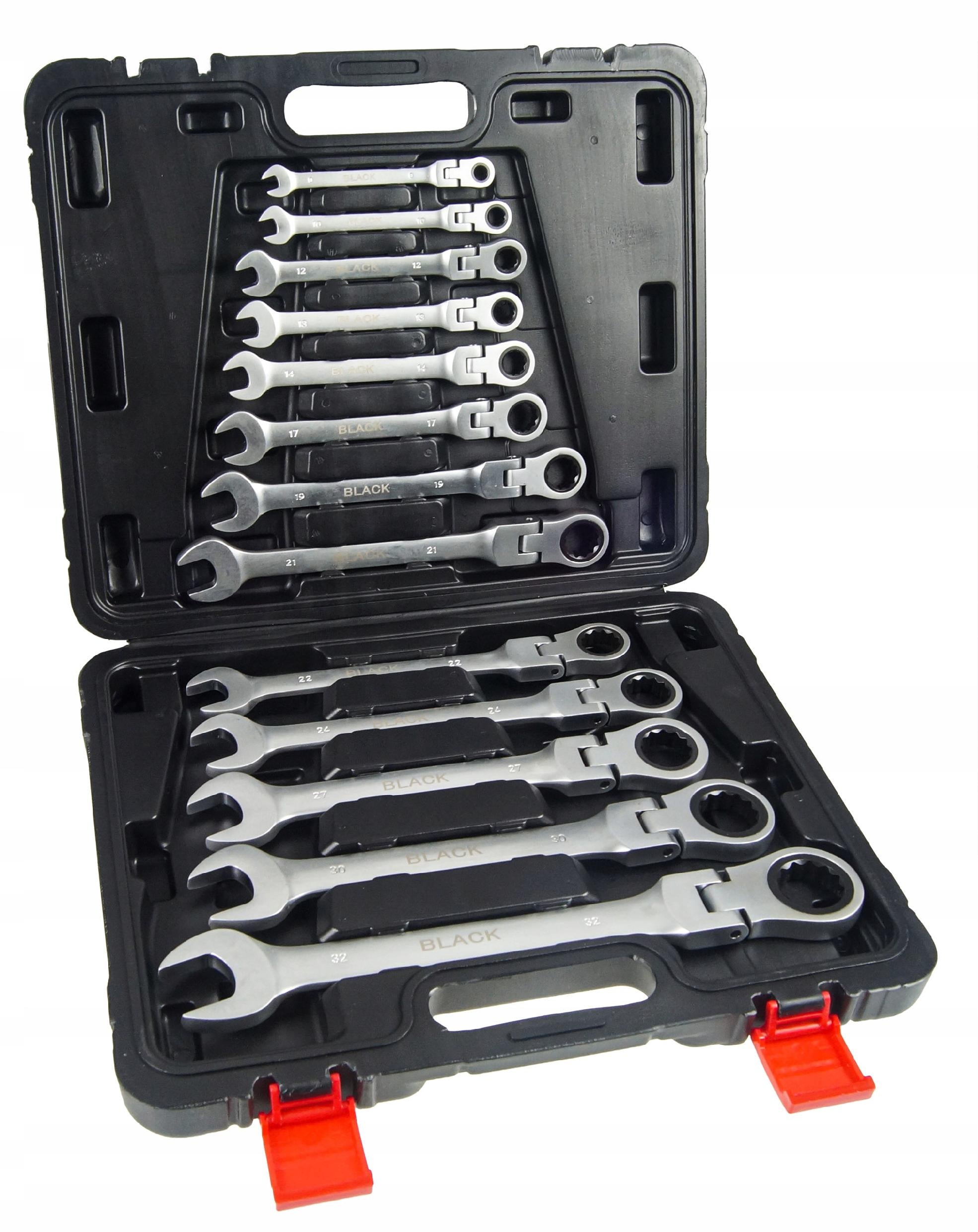 SET OF WRENCHES FLAT EYE RATCHET BROKEN 8-32mm BLACK 13 ELEMENTS Manufacturer code 16203