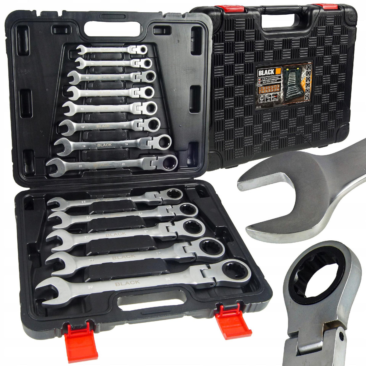 SET OF WRENCHES FLAT EYE RATCHET BROKEN 8-32mm BLACK 13 ELEMENTS