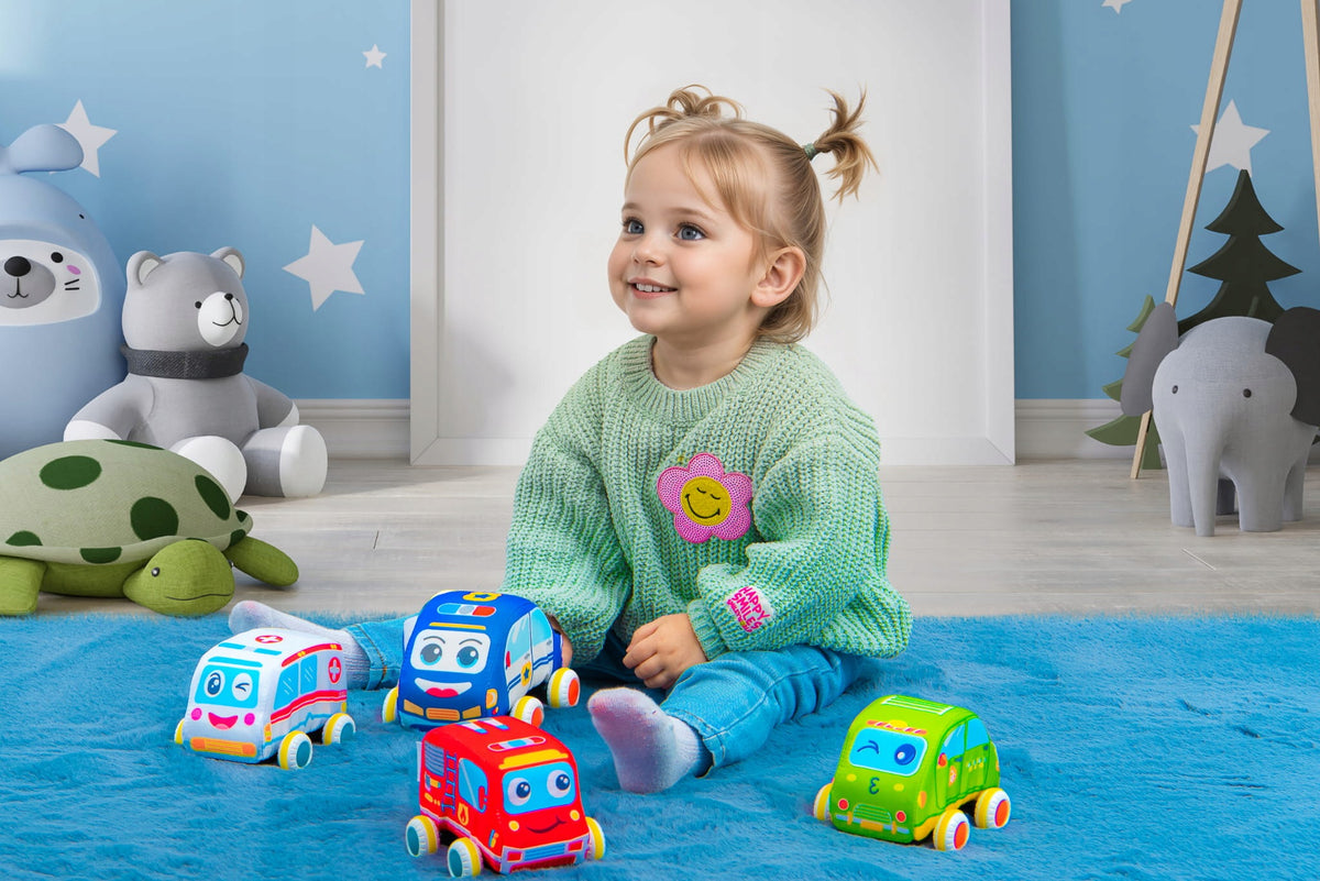 SET PLUSH SOFT CARS WITH DRIVE 4 PCS Material fabric