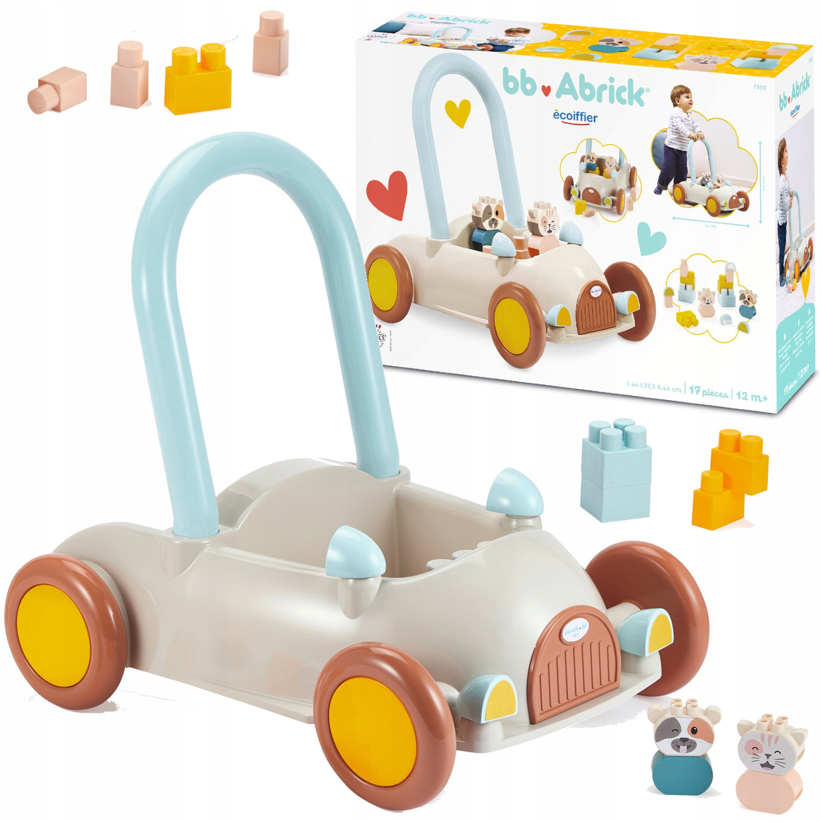 SET PUSHER CAR WITH BLOCKS 17 ELEMENTS COW KITTEN