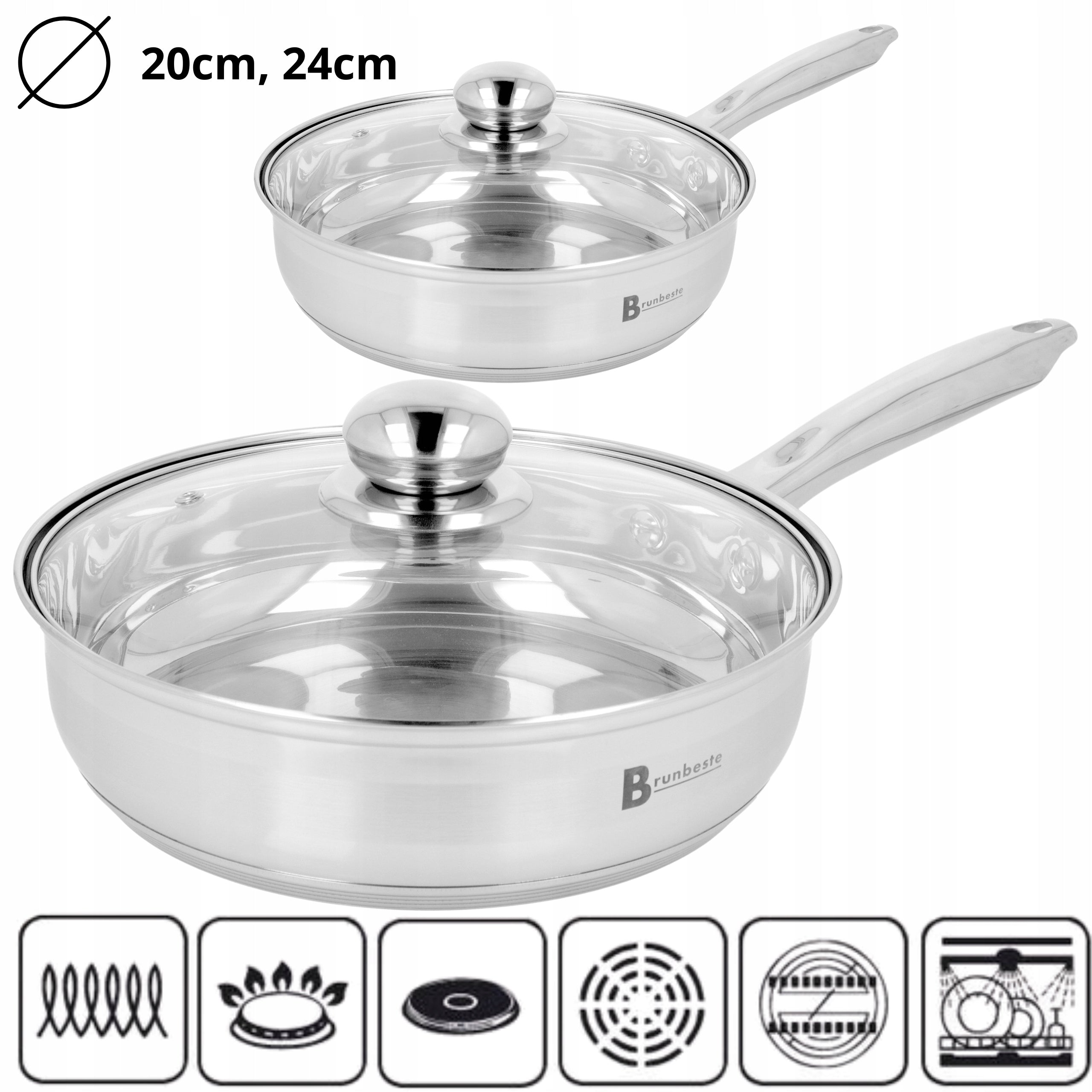 SET STAINLESS STEEL Pan 20cm, 24cm Pans with GASTRO LID Brand Brunbeste