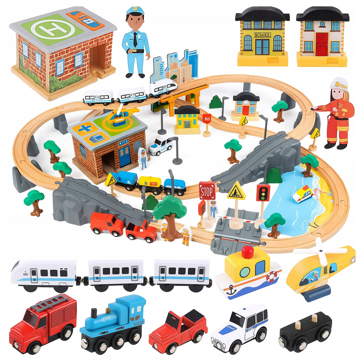 SET battery-operated train tracks bridge passage police guard wooden railway Packaging status original