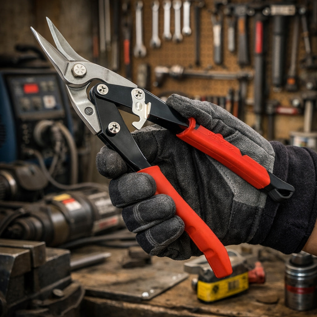 SHEARS FOR CUTTING SHEET METAL LEFT-HANDED 250 MM RED CR-MO BENT Manufacturer code NOŻYCE DO CIĘCIA BLACHY RĘCZNE LEWOSKRĘTNE