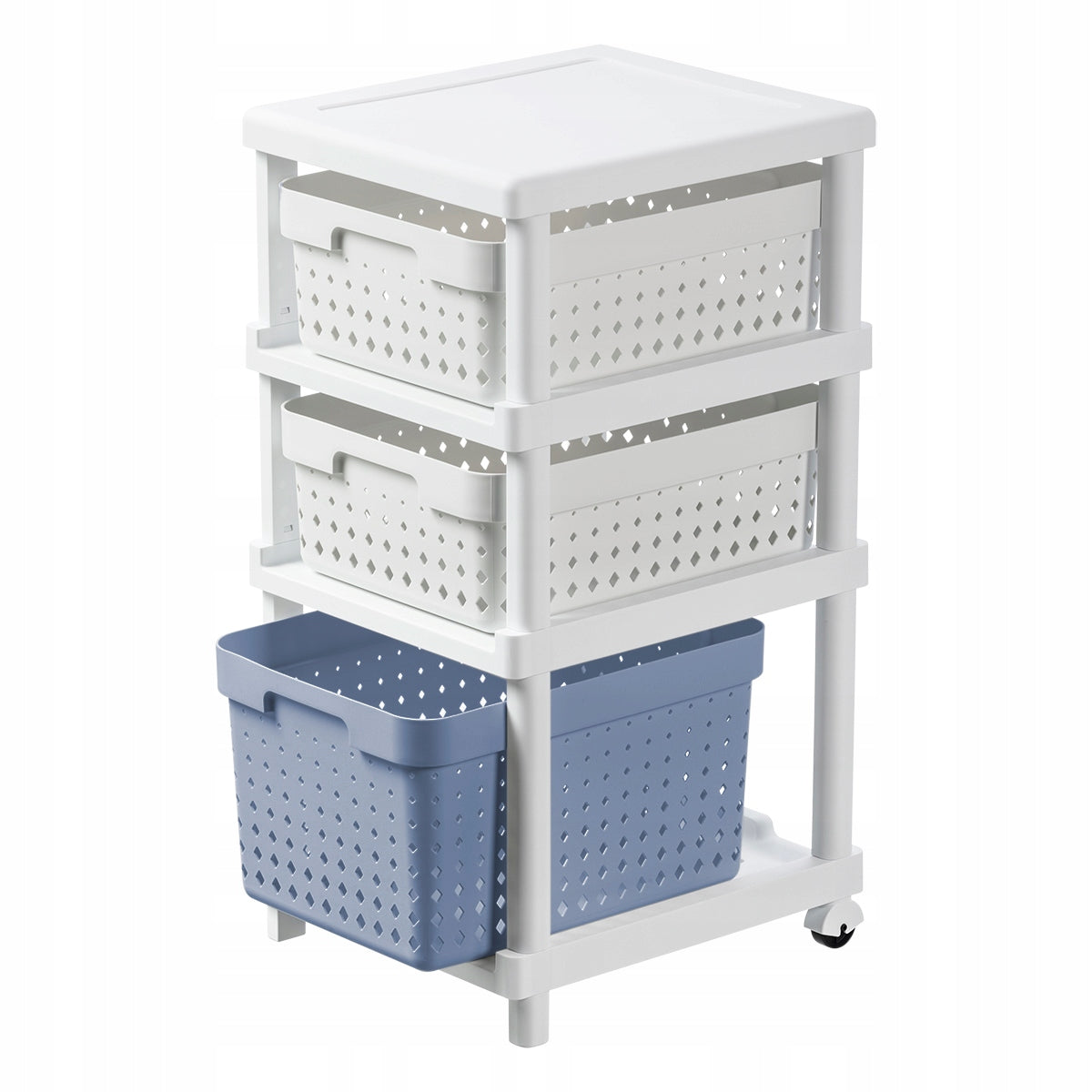 SHELF CHEST OF DRAWERS BATHROOM RACK WITH BASKETS ON WHEELS WHITE-BLUE Brand Plast Team