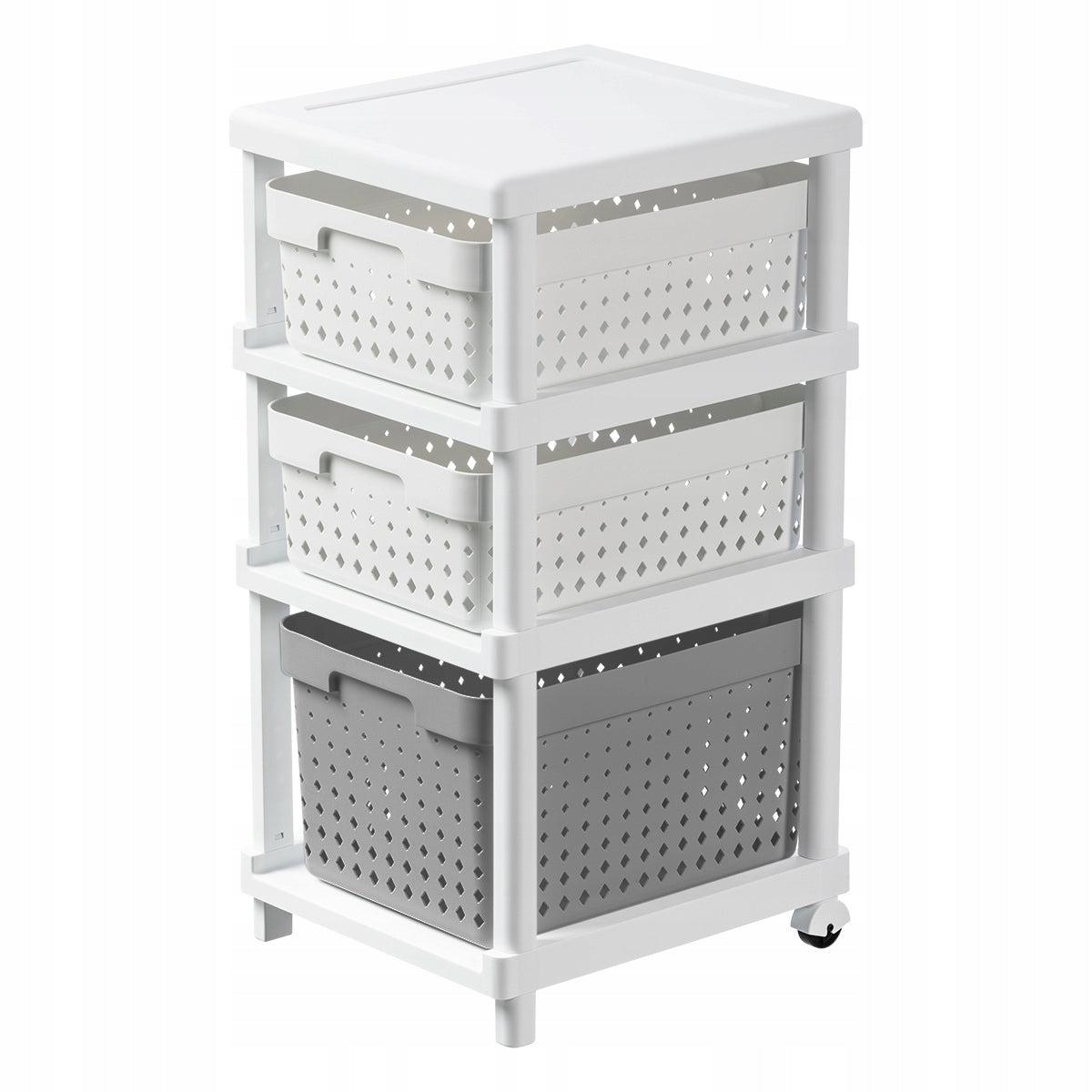 SHELF CHEST OF DRAWERS BATHROOM RACK WITH BASKETS ON WHEELS WHITE-GREY