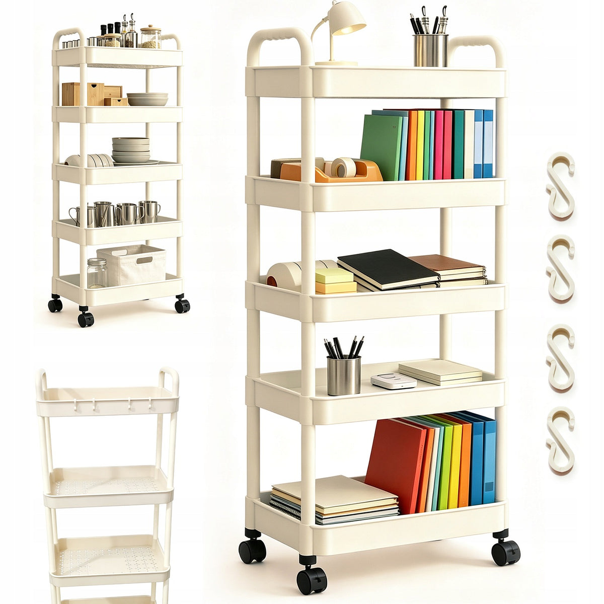 SHELF ON WHEELS 5 LEVELS WHITE LIGHT ABS FOR KITCHEN BATHROOM LAUNDRY ROOM