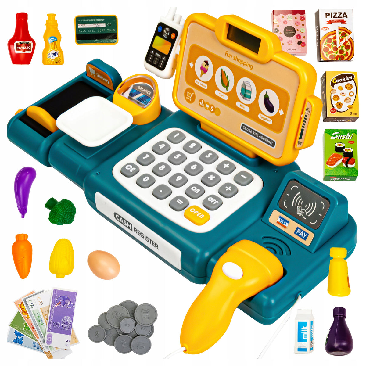 SHOP CASH REGISTER INTERACTIVE TOY SCANNER WEIGHT VEGETABLES COINS TAPE