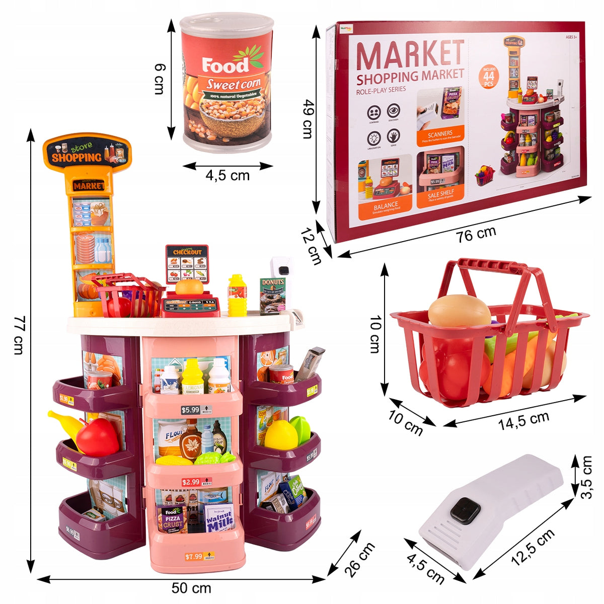 SHOP STALL SUPERMARKET FOR CHILDREN TOY CASH REGISTER BASKET + 44 ELEMENTS Packaging status original