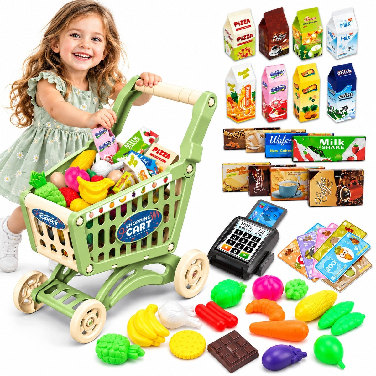 SHOPPING TROLLEY FOR CHILDREN PINK 52 EL CASH REGISTER TERMINAL FRUIT VEGETABLES SHOP