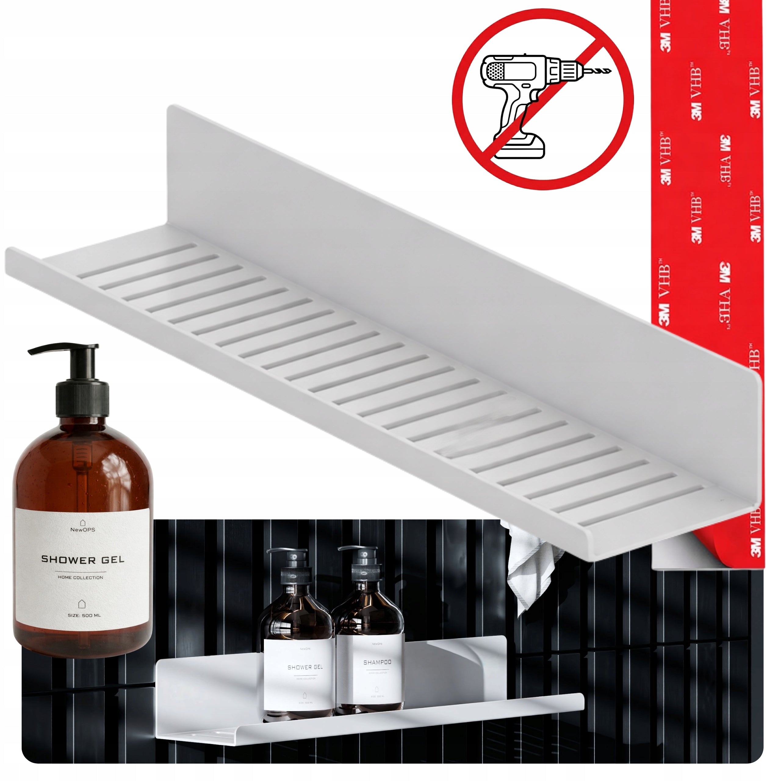 SHOWER SHELF NEXA 40 cm NON-INVASIVE WITHOUT DRILLING 3M VHB + BOTTLE