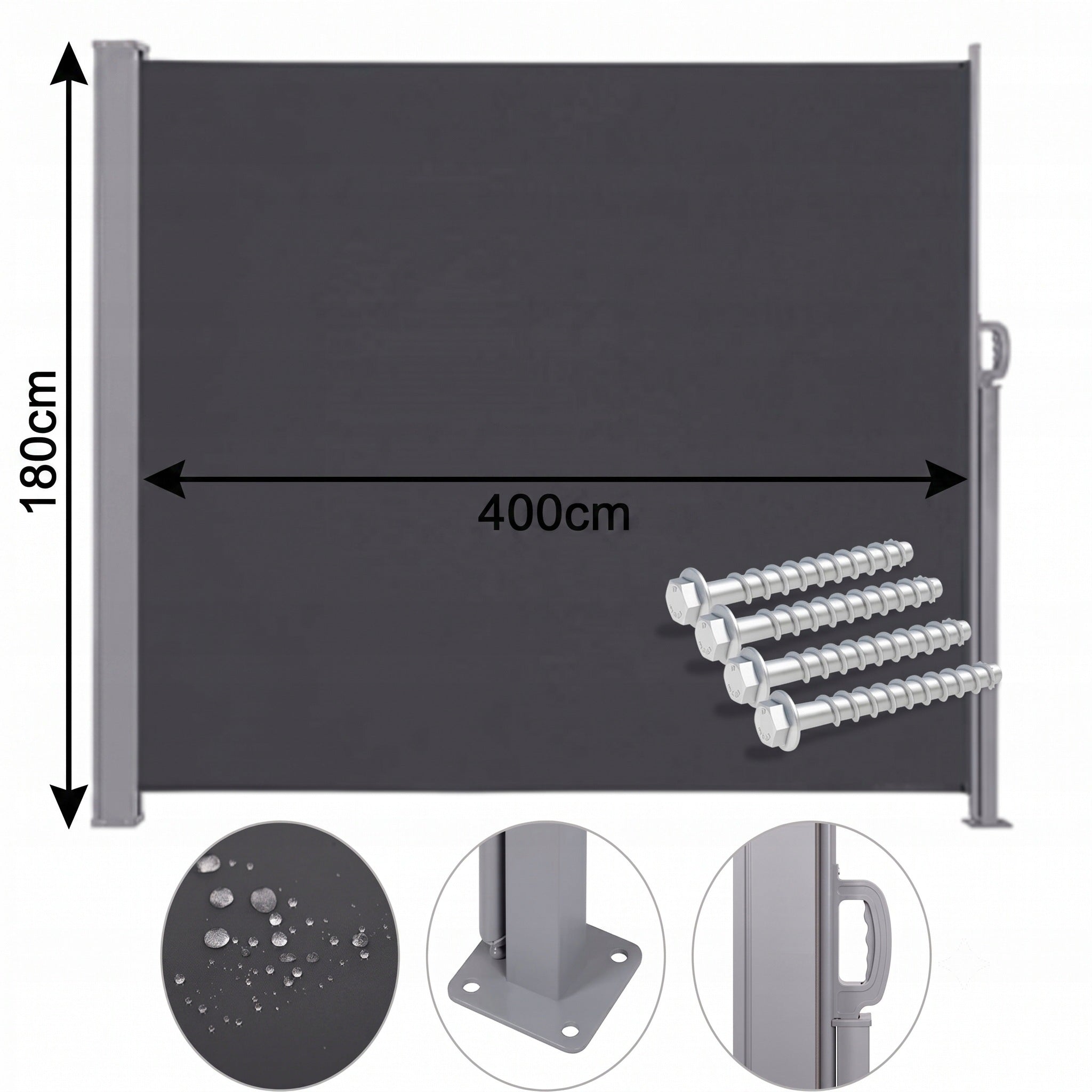 SIDE AWNING TERRACE SCREEN COVER ROLLED BLIND DARK GREY 400 X180