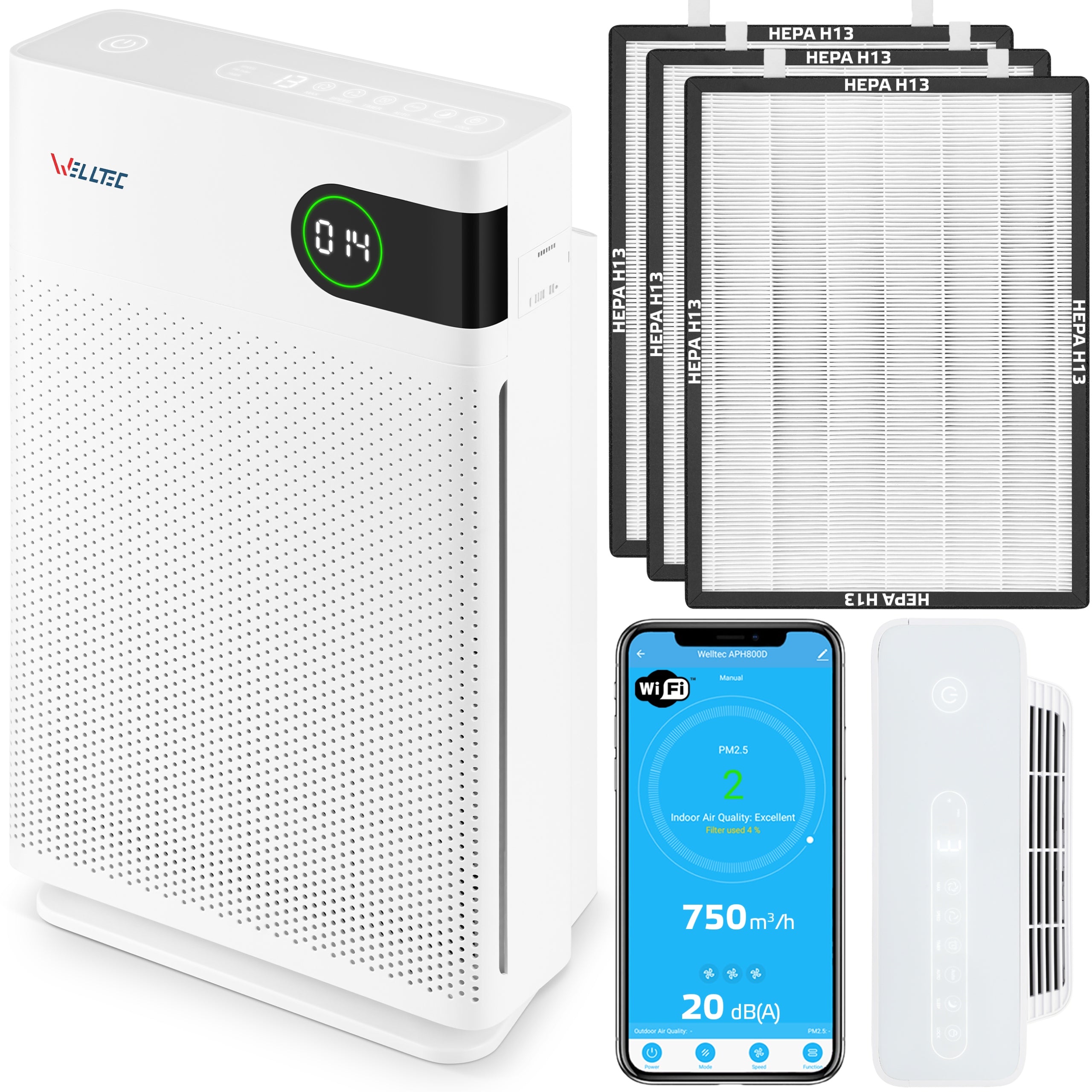 SILENT AIR PURIFIER WELLTEC APH450D 85m² HEPA H13 WiFi TURBO FILTERS