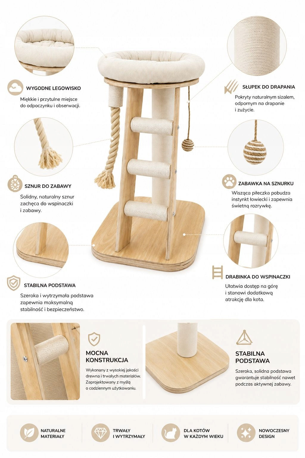 SIMBA scratcher for cat with a bed on a stable wooden base Length 48 cm