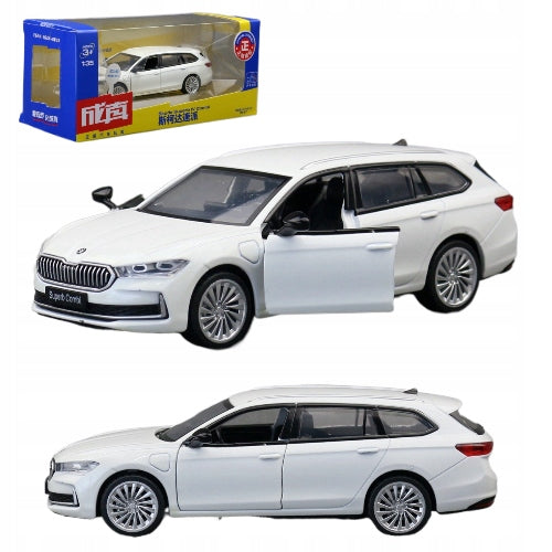 SKODA SUPERB COMBI METAL CAR MODEL 1:35 SOUND LIGHT WHITE