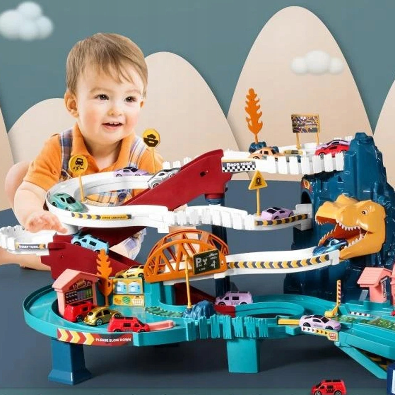 SLIDE QUEUE RACE TRACK PARKING 4 CARS ELECTRIC ELEVATOR DINOSAUR Manufacturer code 110805