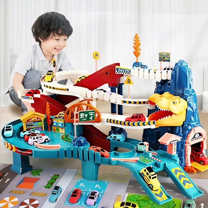 SLIDE QUEUE RACE TRACK PARKING 4 CARS ELECTRIC ELEVATOR DINOSAUR Packaging status original