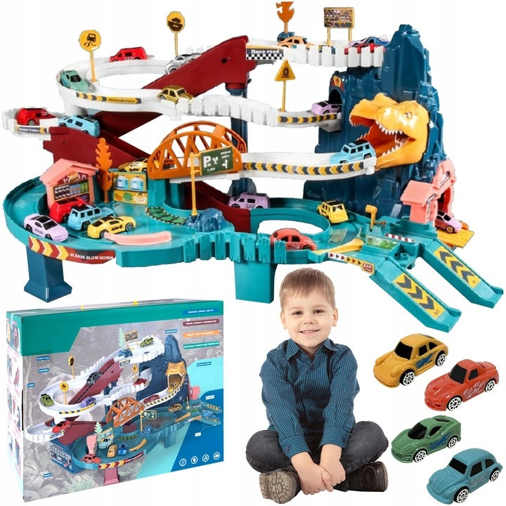 SLIDE QUEUE RACE TRACK PARKING 4 CARS ELECTRIC ELEVATOR DINOSAUR
