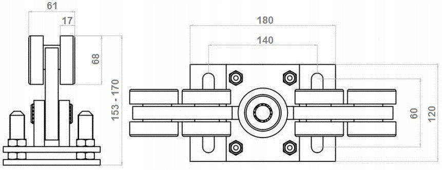 SLIDING GATE TROLLEYS 80x80 STEEL FOR HEAVY GATES 9 ROLLERS SELF-ALIGNING Manufacturer code ZEST.60.007.K/2