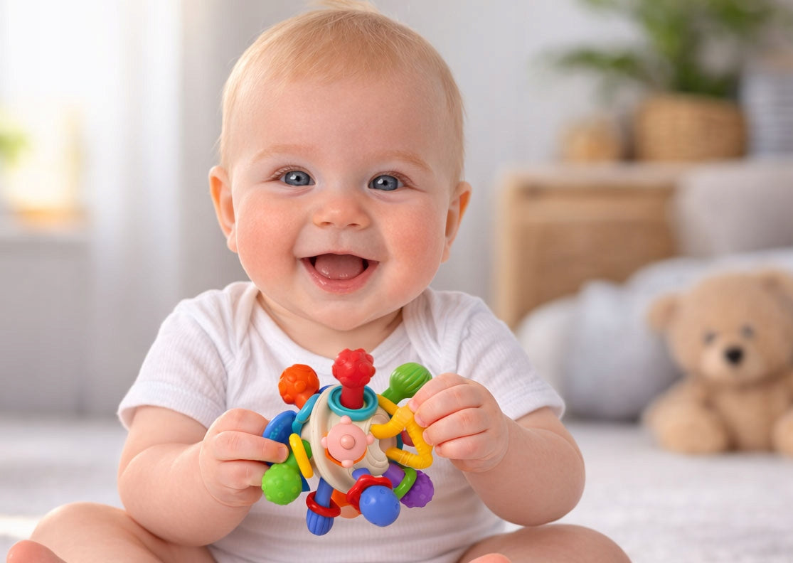 SLIDING TOY SENSORY ELEMENTS INTERACTIVE Rattle Teether Ball Packaging status original