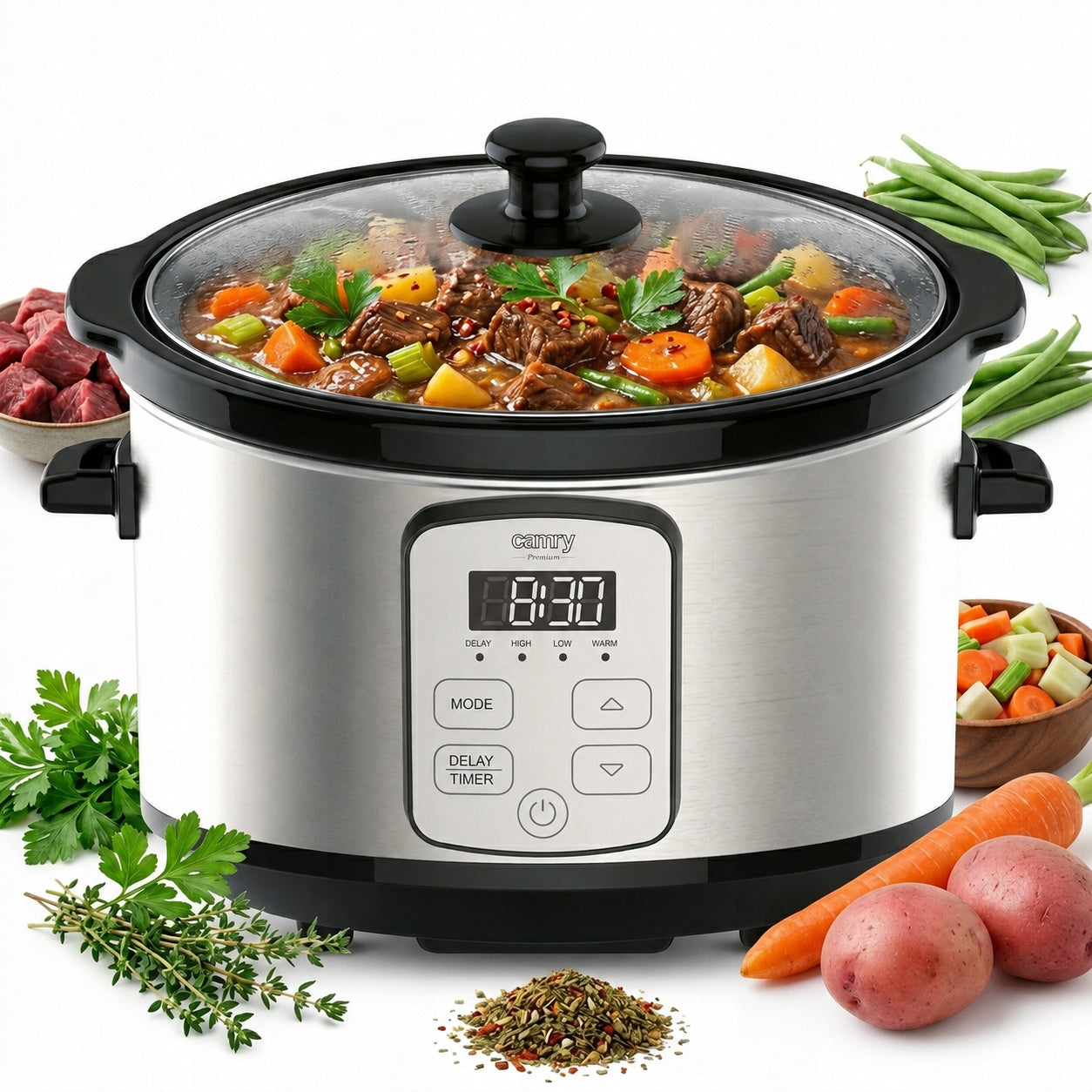 SLOW COOKER 4,7 L TO 8 SERVINGS LED DISPLAY DELAYED START CERAMIC BOWL