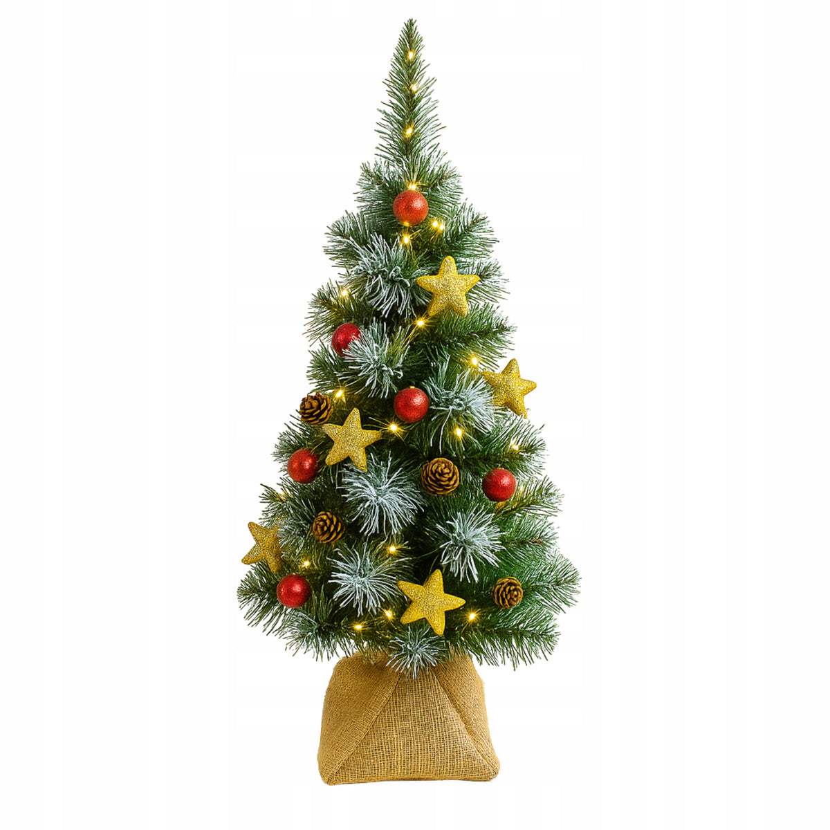 SMALL ARTIFICIAL CHRISTMAS TREE WITH CONES BAUBLES 55cm red LAMPS 20LED Manufacturer code Choinka mała sztuczna czerowna zdobiona LED