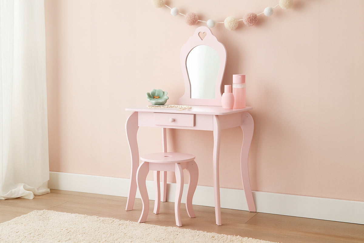 SMALL COSMETIC DRESSING TABLE PINK WITH MIRROR + STOOL *0403