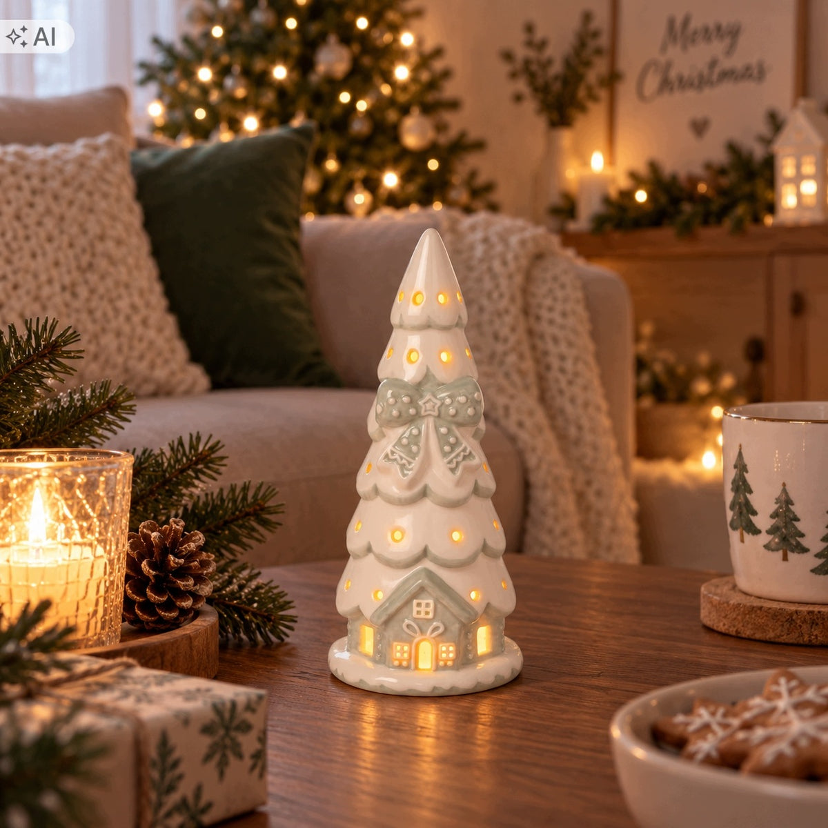 SMALL GINGERBREAD CHRISTMAS TREE GLOWING WHITE DECORATION LED CHRISTMAS FIGURINE Packaging status original
