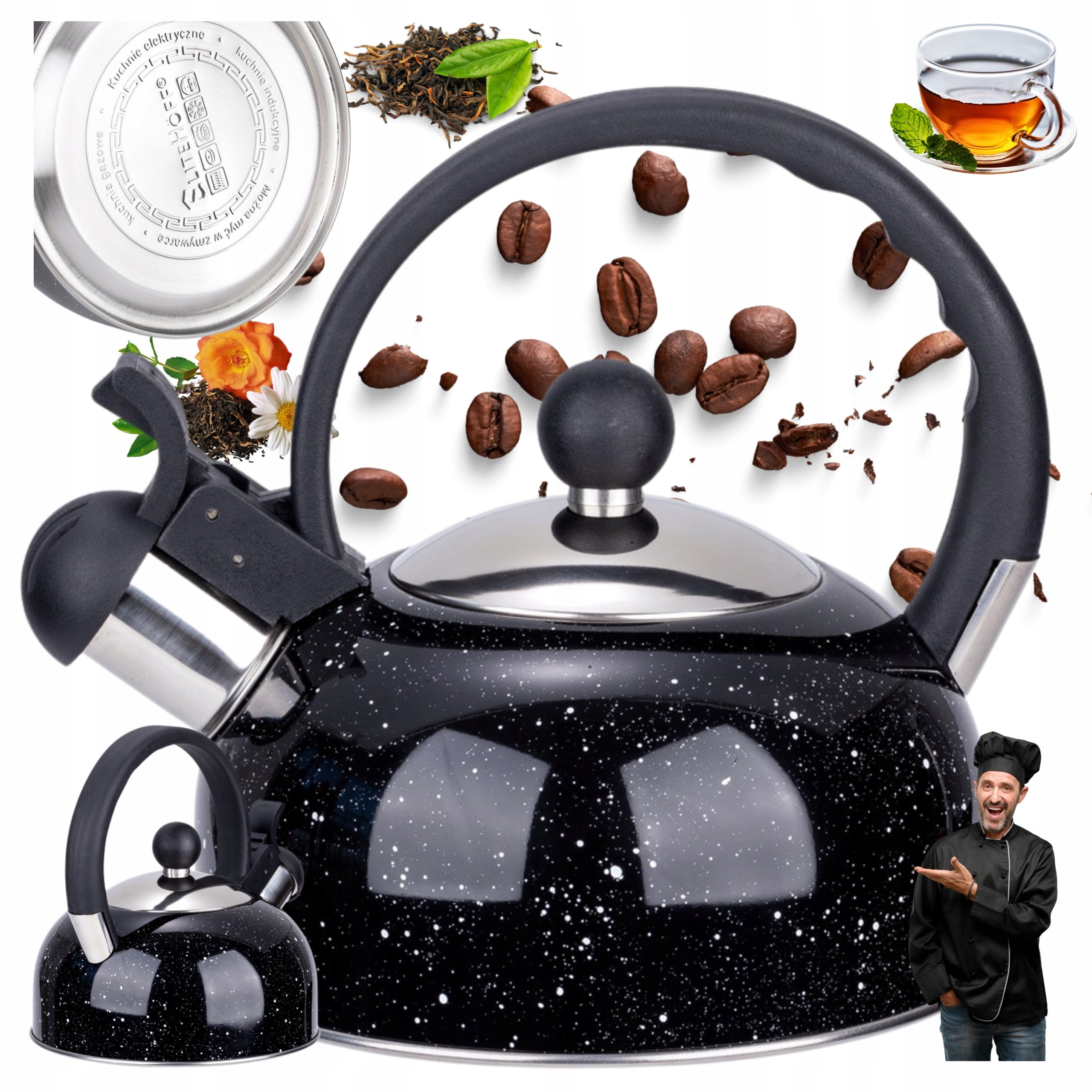 SMALL KETTLE 1,5L STEEL STYLISH KETTLE BLACK SPECKLED GAS INDUCTION