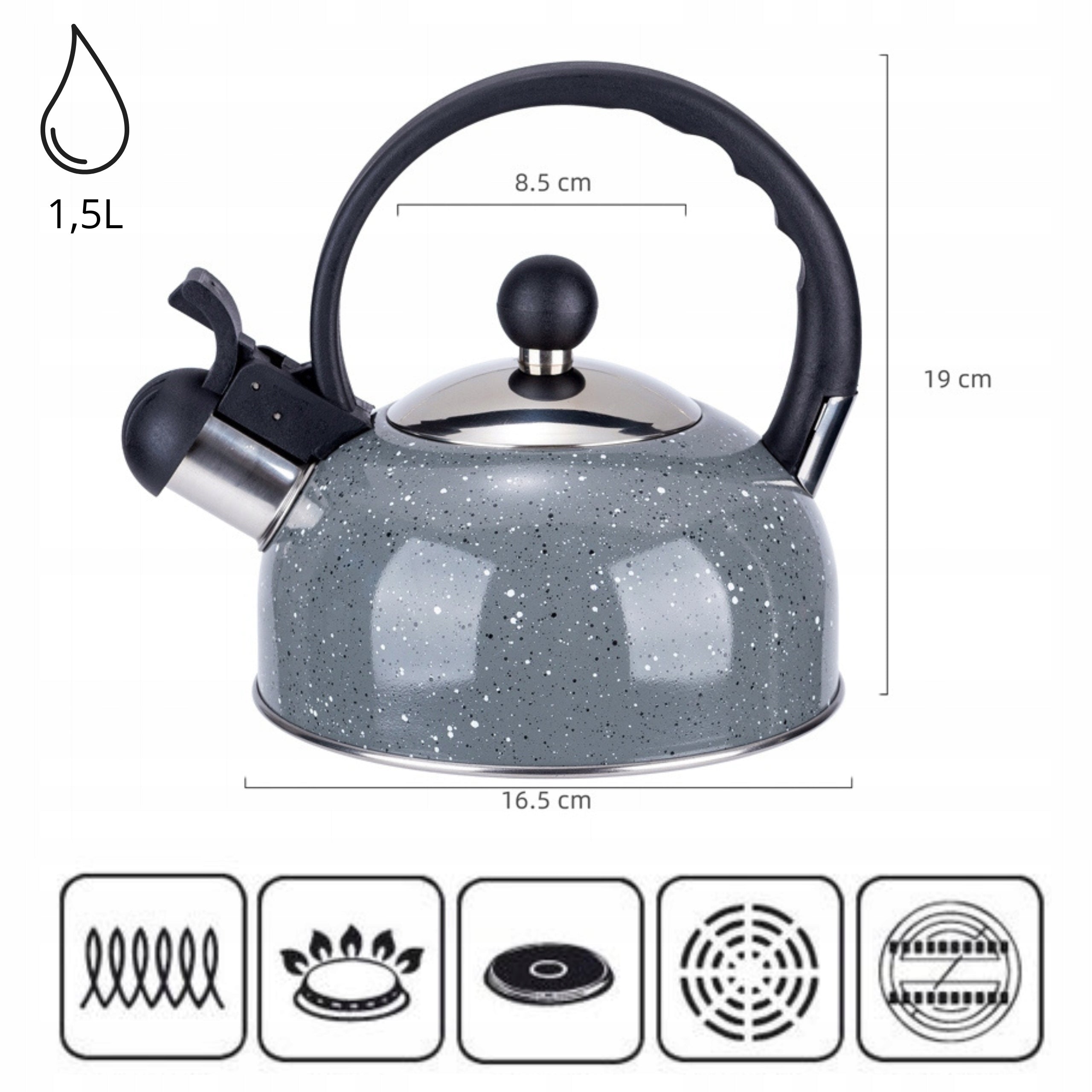 SMALL STEEL KETTLE 1,5L STYLISH GAS KETTLE INDUCTION GREY SPECKLED Packaging status original
