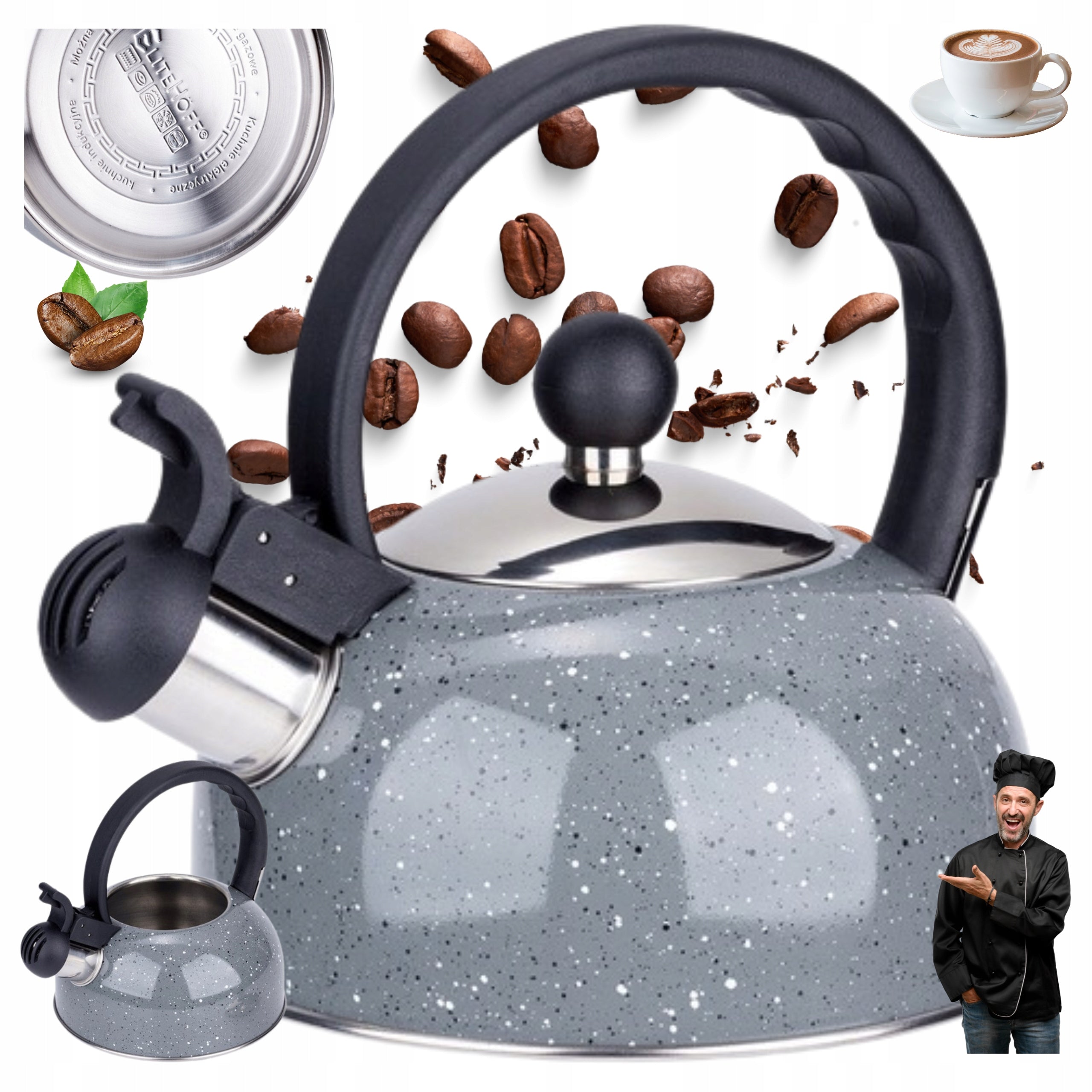 SMALL STEEL KETTLE 1,5L STYLISH GAS KETTLE INDUCTION GREY SPECKLED