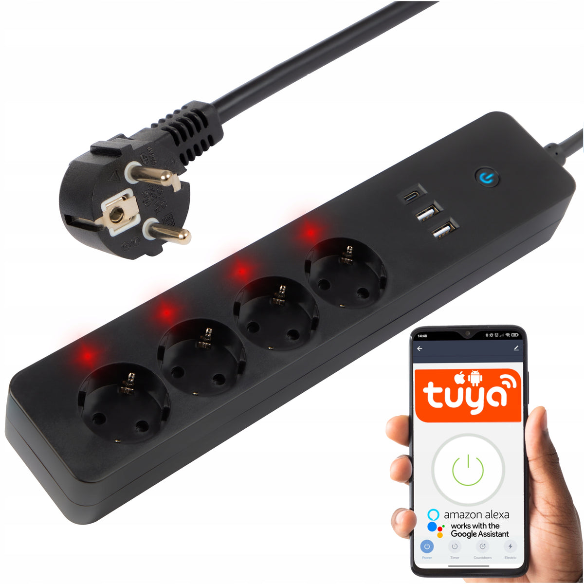 SMART POWER STRIP EXTENSION CABLE 4 GN 2x USB USB-C WiFi TUYA 3M