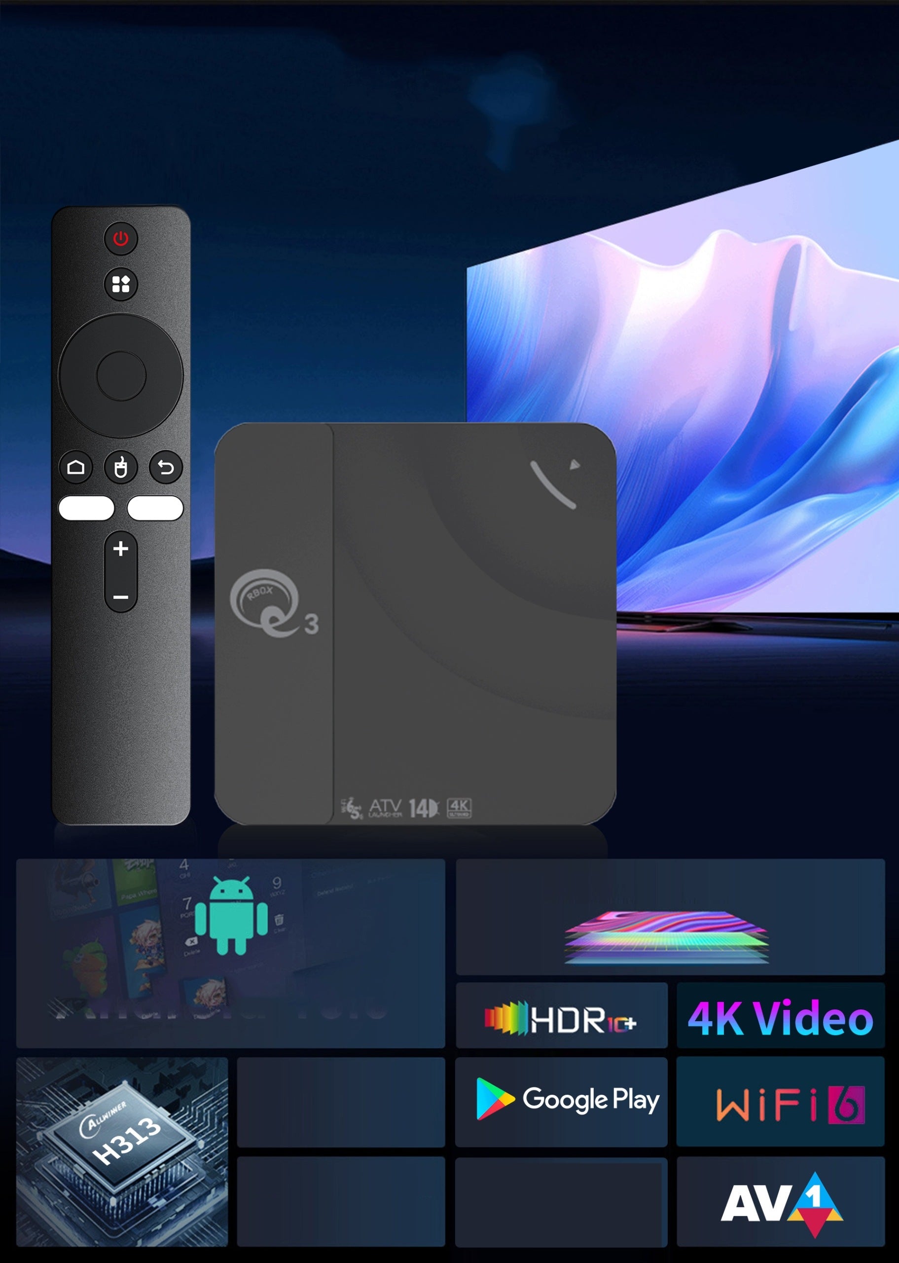 SMART TV TUNER 4K Q3 BOX S ANDROID 14 15 16, 1, H313, WITH VOICE REMOTE CONTROL Brand no brand