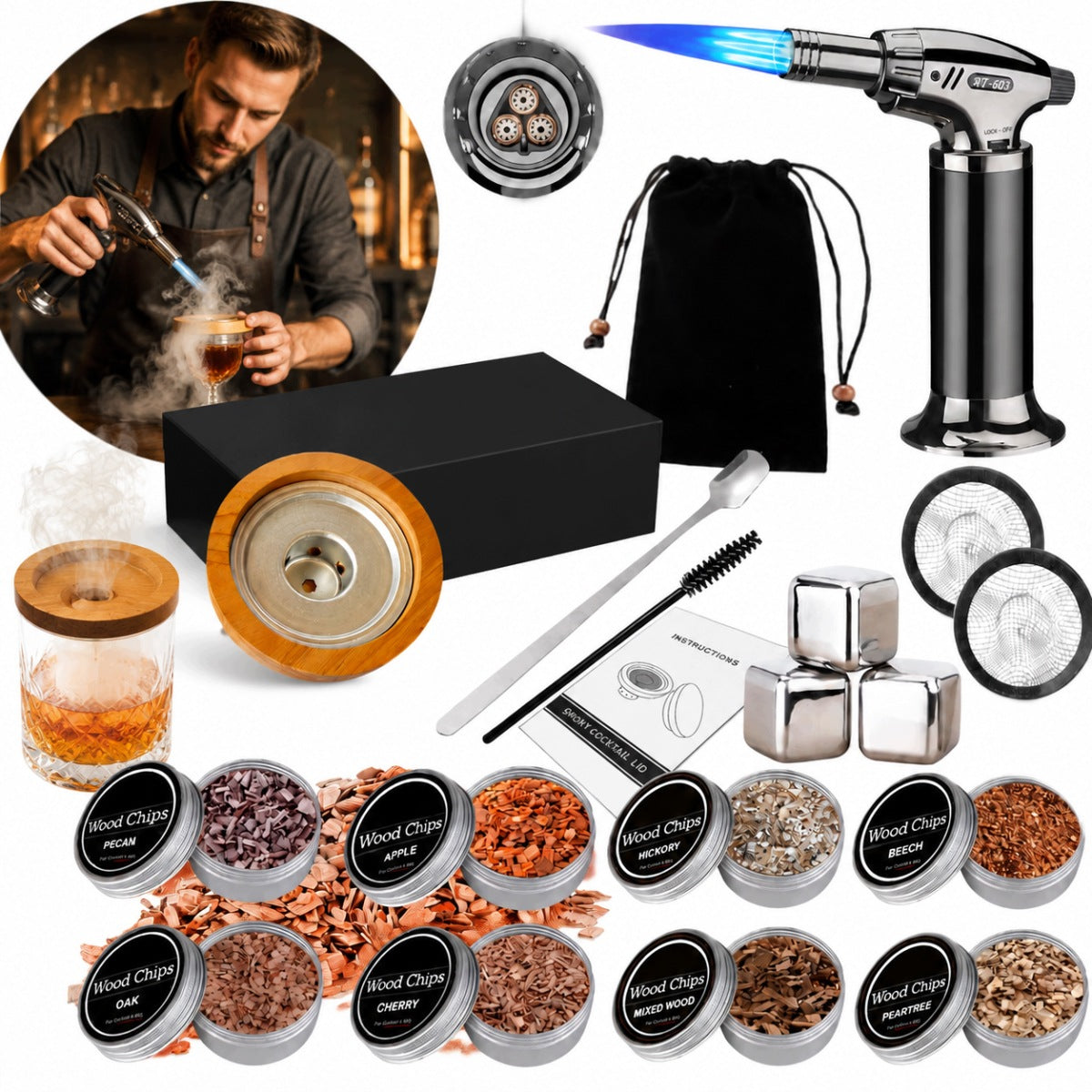SMOKING SET WHISKEY SMOKER WITH LIGHTER FOR BARTENDING AS A GIFT