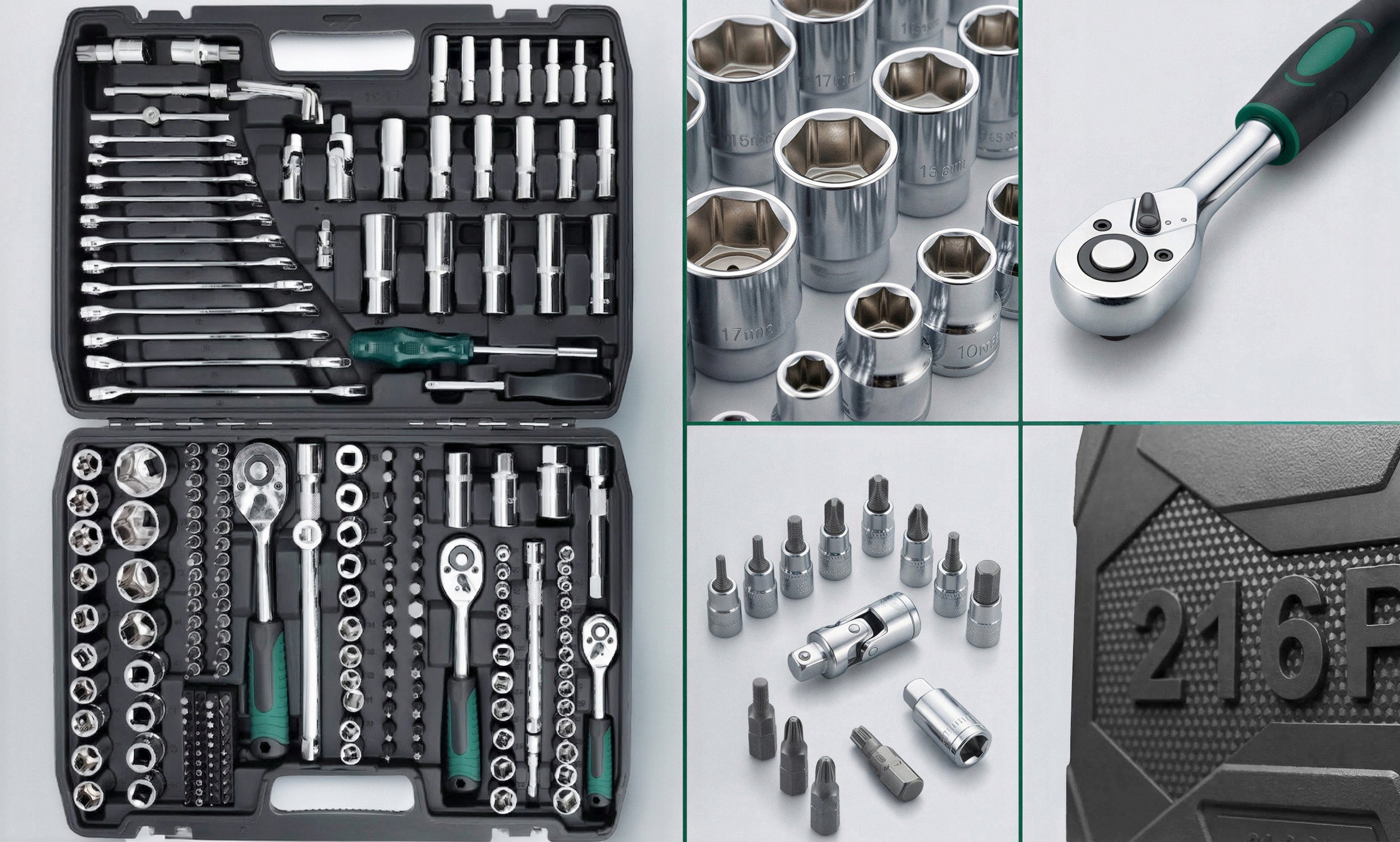 SOCKET WRENCH SET 216 EL 1/2 3/8 1/4 RATCHET CR-V FLAT EYELET Manufacturer code KLUCZE NASADOWE 216 EL WALIZKA 3x GRZECHOTKI