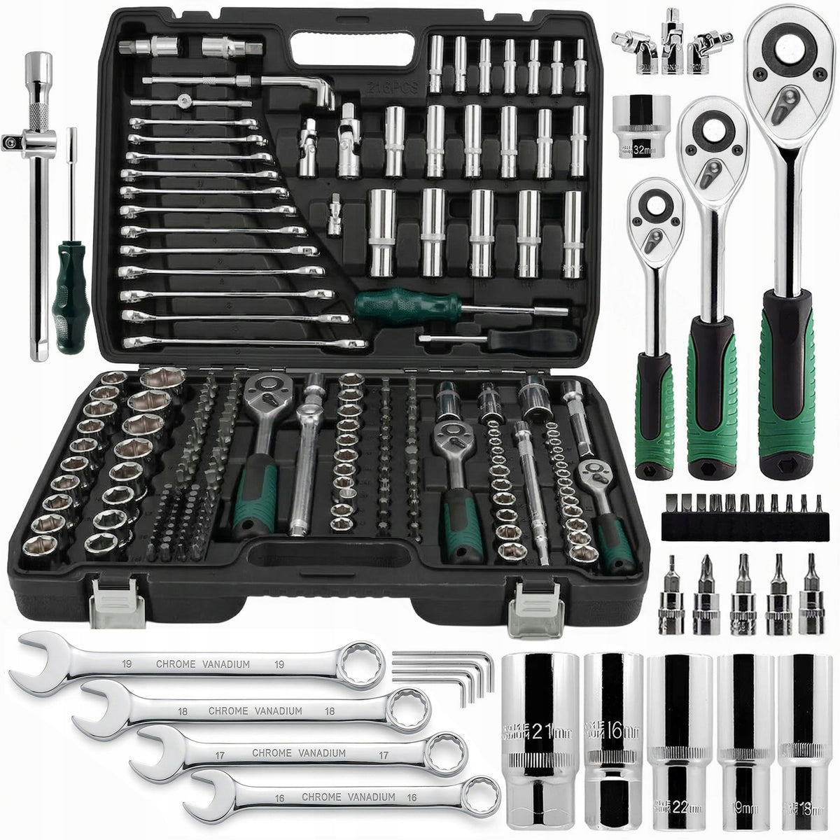 SOCKET WRENCH SET 216 EL 1/2 3/8 1/4 RATCHET CR-V FLAT EYELET