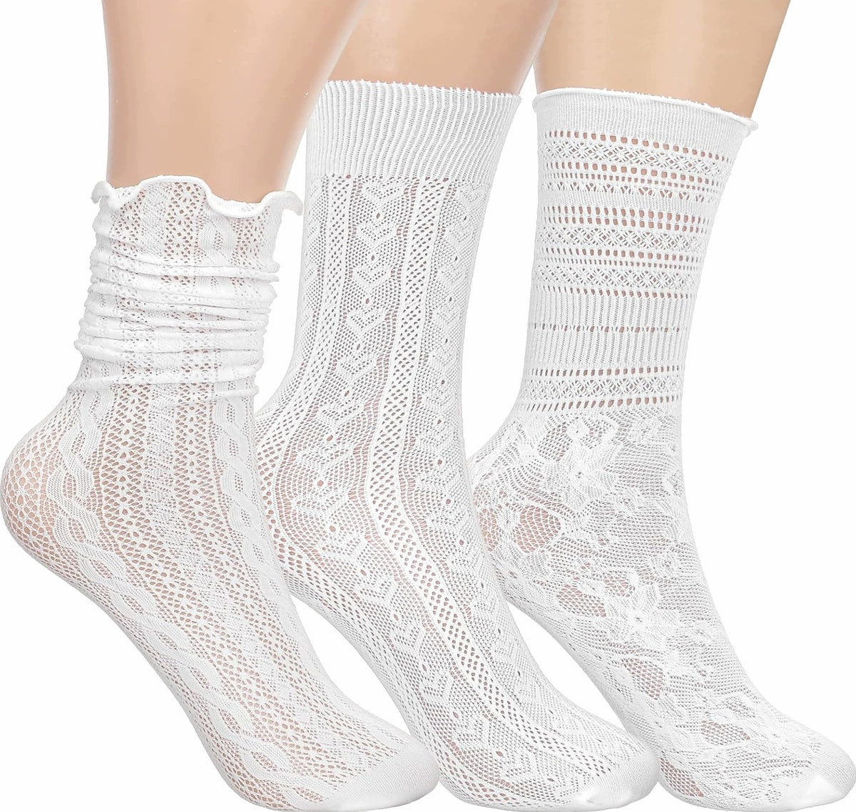 SOCKS 3 PAIRS WHITE COTTON LACE WOMEN WITH FRILLS SOFT