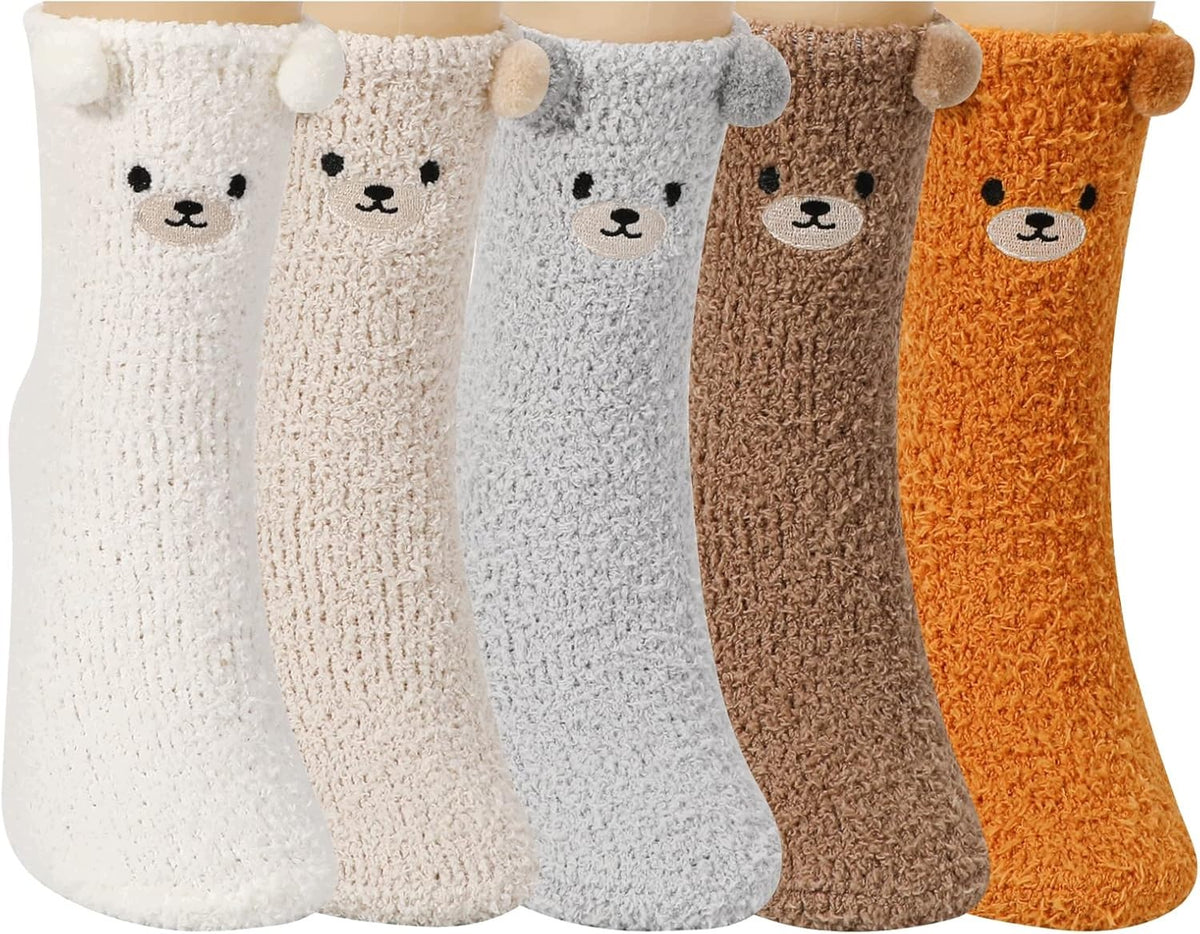 SOCKS 5 PAIRS FLUFFY CORAL FLEECE SOFT WARM PATTERNS CHEERFUL