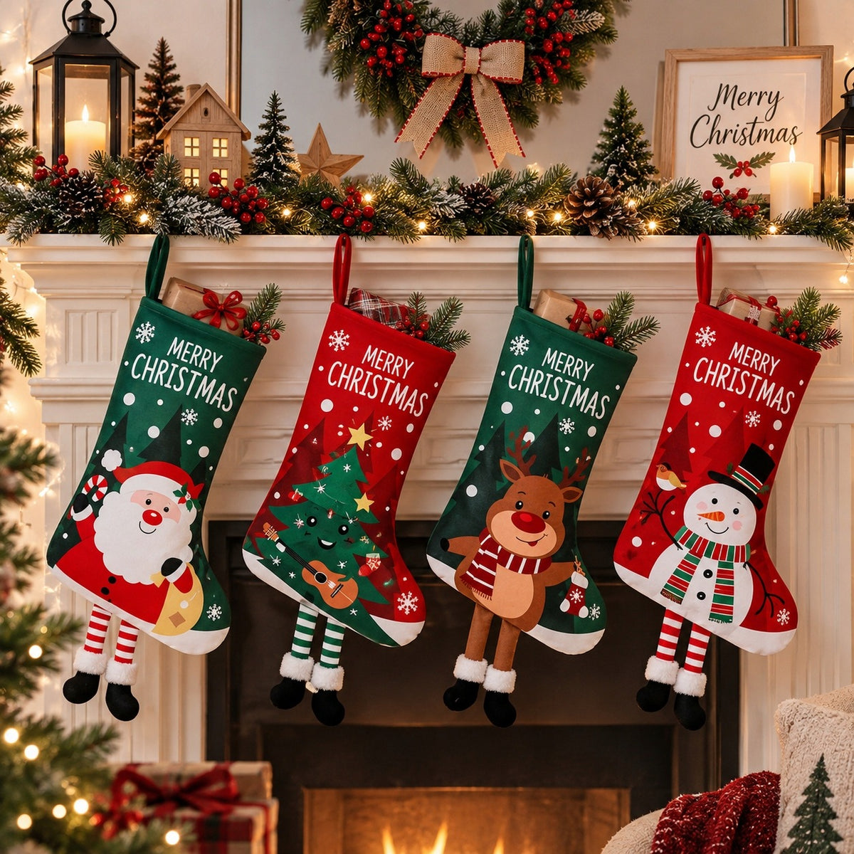 SOCKS FOR CHRISTMAS GIFTS FIREPLACE 4 PCS CHRISTMAS TREE SANTA CLAUS DECORATIONS Packaging status original