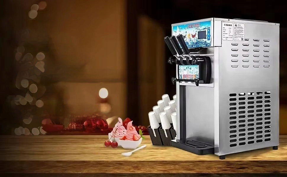 SOFT ICE CREAM MACHINE COMMERCIAL TABLE 3 FLAVORS 16-18L/H 1200W 2*3L Dominant color silver/gray