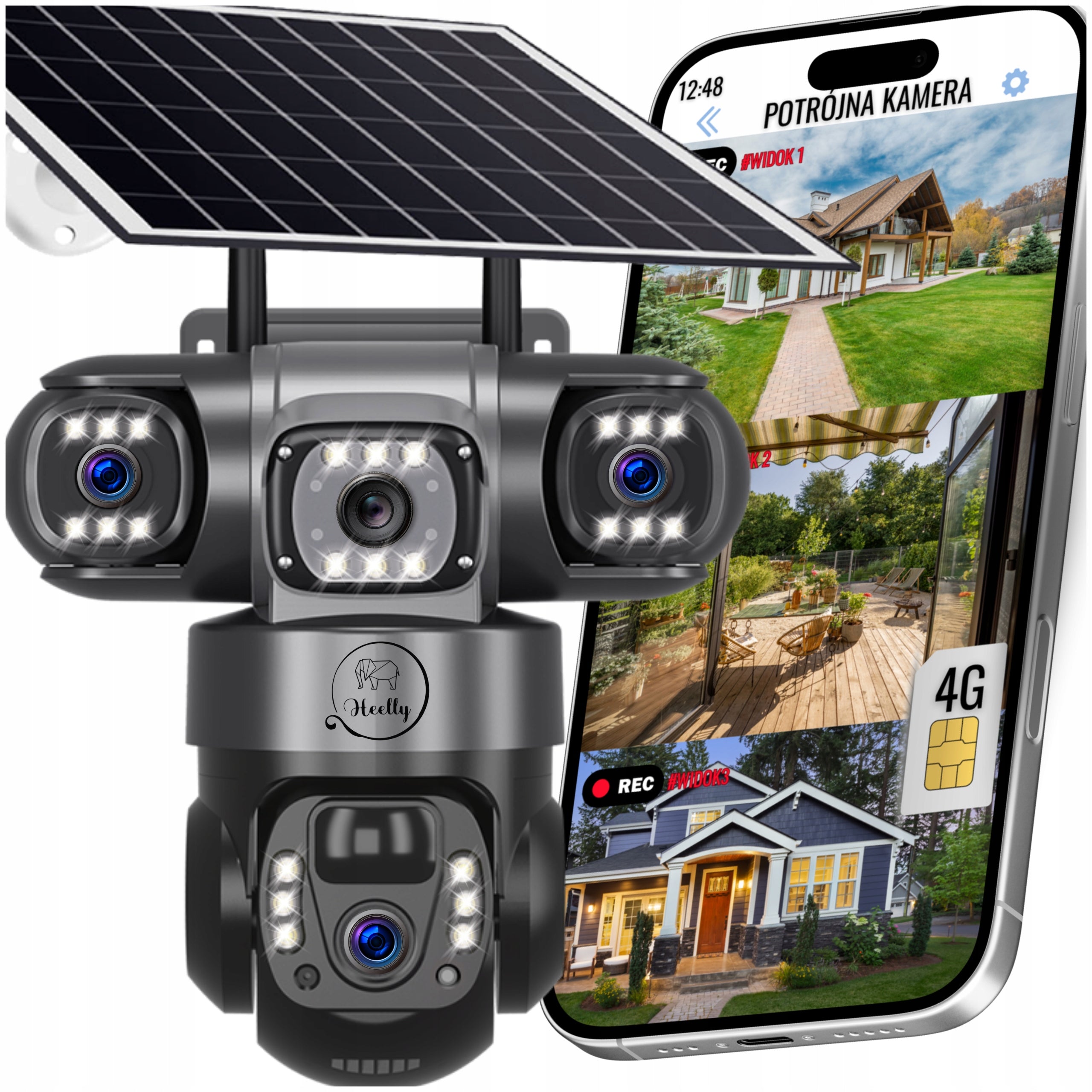 SOLAR CAMERA 4G OUTDOOR THREE HD LENSES 3X3MP CARD SIM LTE HEELLY