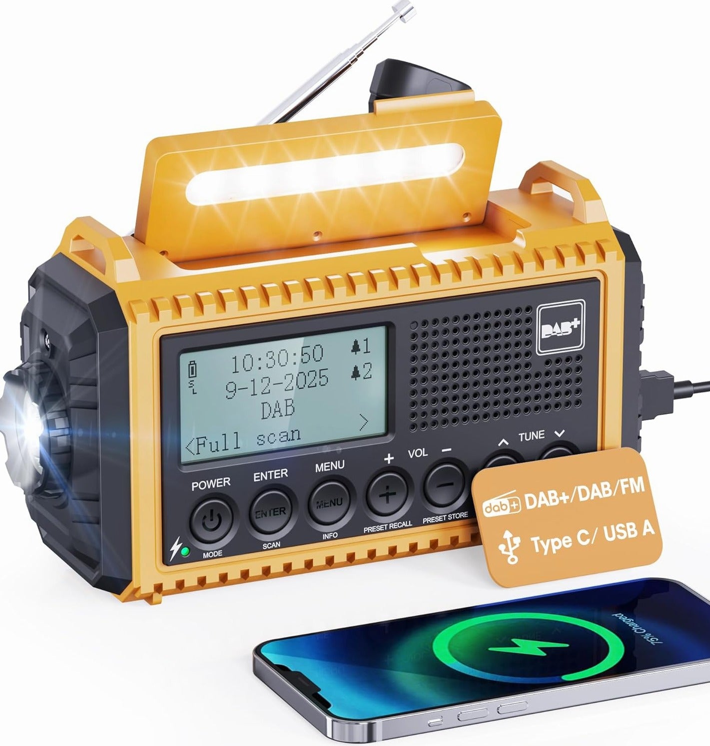 SOLAR CRANK EMERGENCY DAB FM FLASHLIGHT LED ALARM SAUCE IPX4