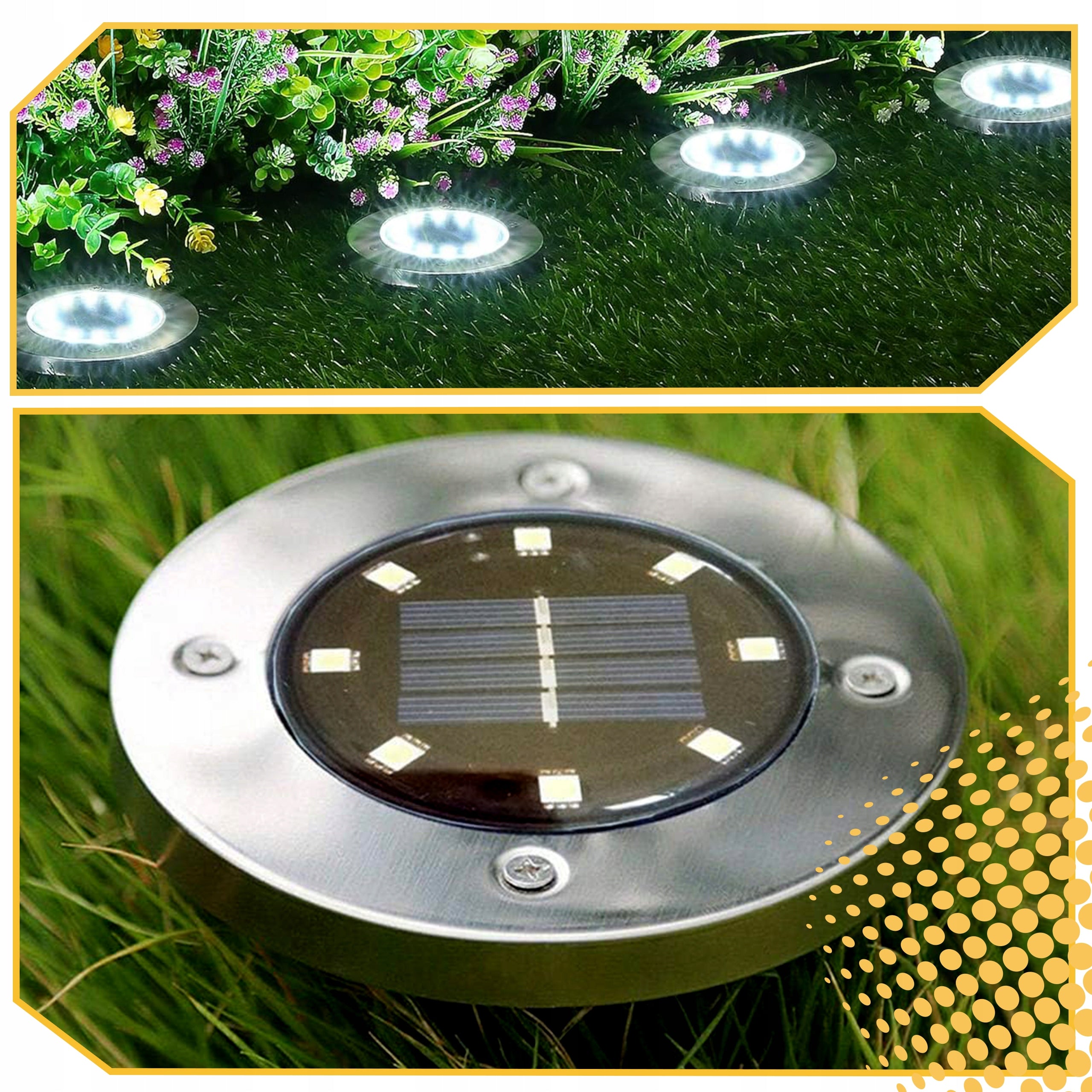 SOLAR GARDEN LAMP LED LIGHTS GROUND DISK DUSK SENSOR 8 DISKS Total height 12.6 cm