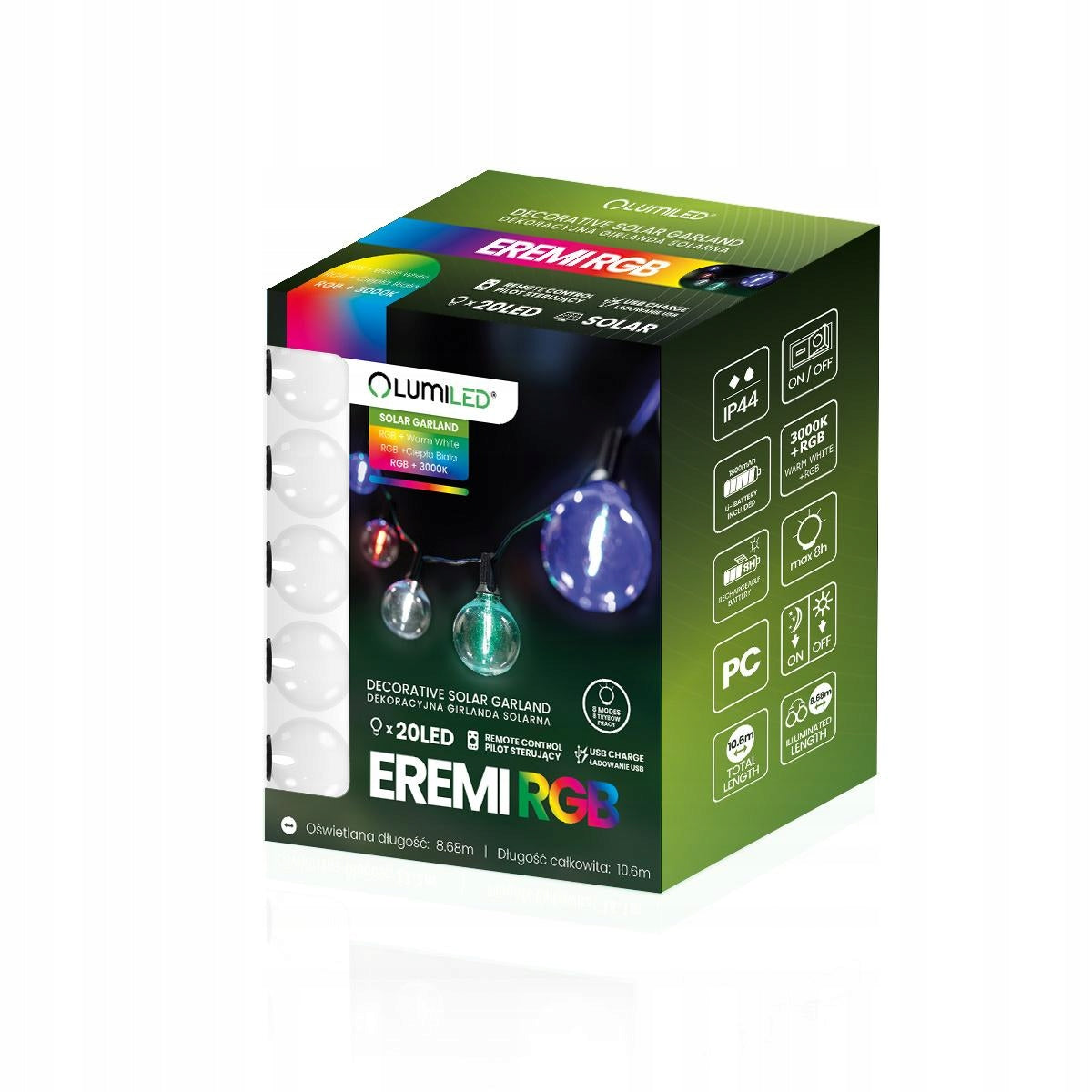 SOLAR GARLAND GARDEN LIGHT 20 LED 10m WARM COLORFUL RGB BULBS Brand Lumiled