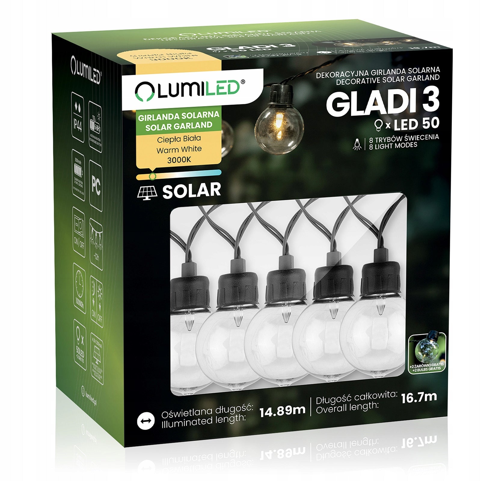 SOLAR GARLAND GARDEN LIGHT 50LED LED BULB BALCONY Balls Terrace Manufacturer code lampki solarne do altanki ogrodu żarówki 20m