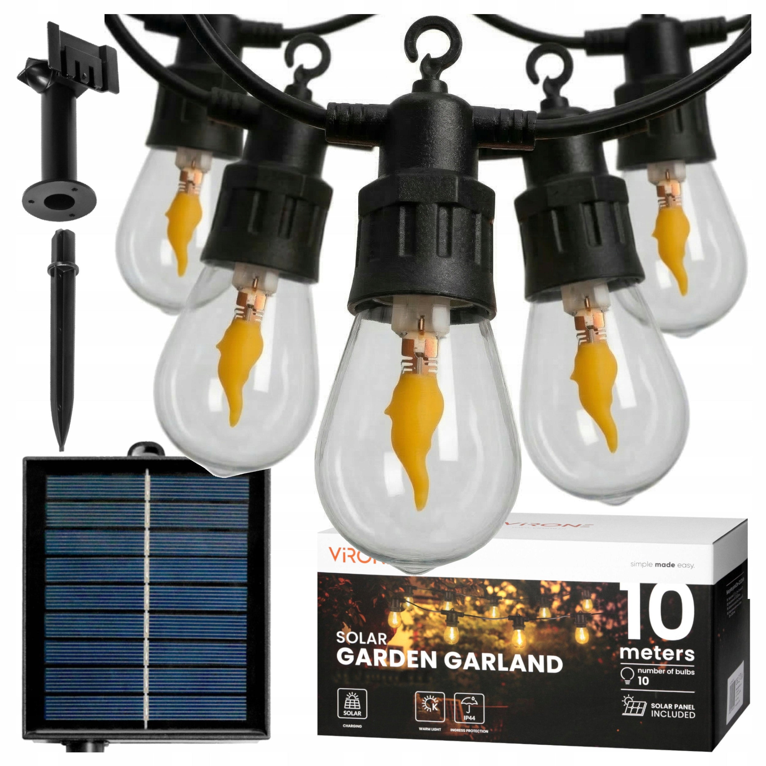 SOLAR GARLAND GARDEN SOLAR LIGHTS 10M 10x BULB E27 LED FLAME