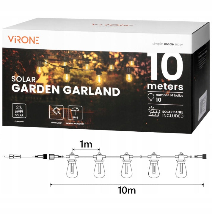 SOLAR GARLAND GARDEN SOLAR LIGHTS 10m + 10x BULB E27 LED FILAMENT Length 1000 cm