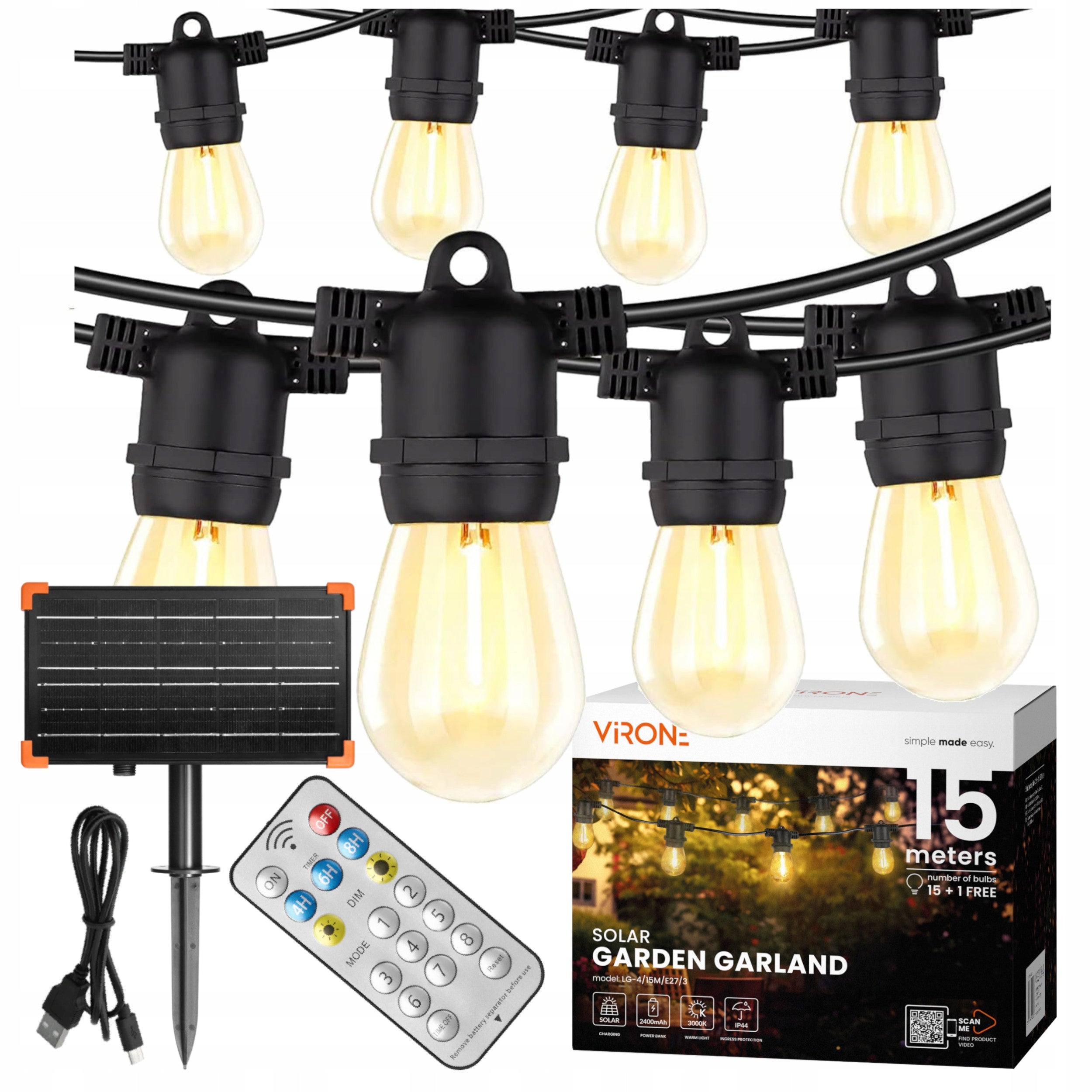 SOLAR GARLAND GARDEN SOLAR LIGHTS 15M 16x LED BULB E27 + REMOTE CONTROL